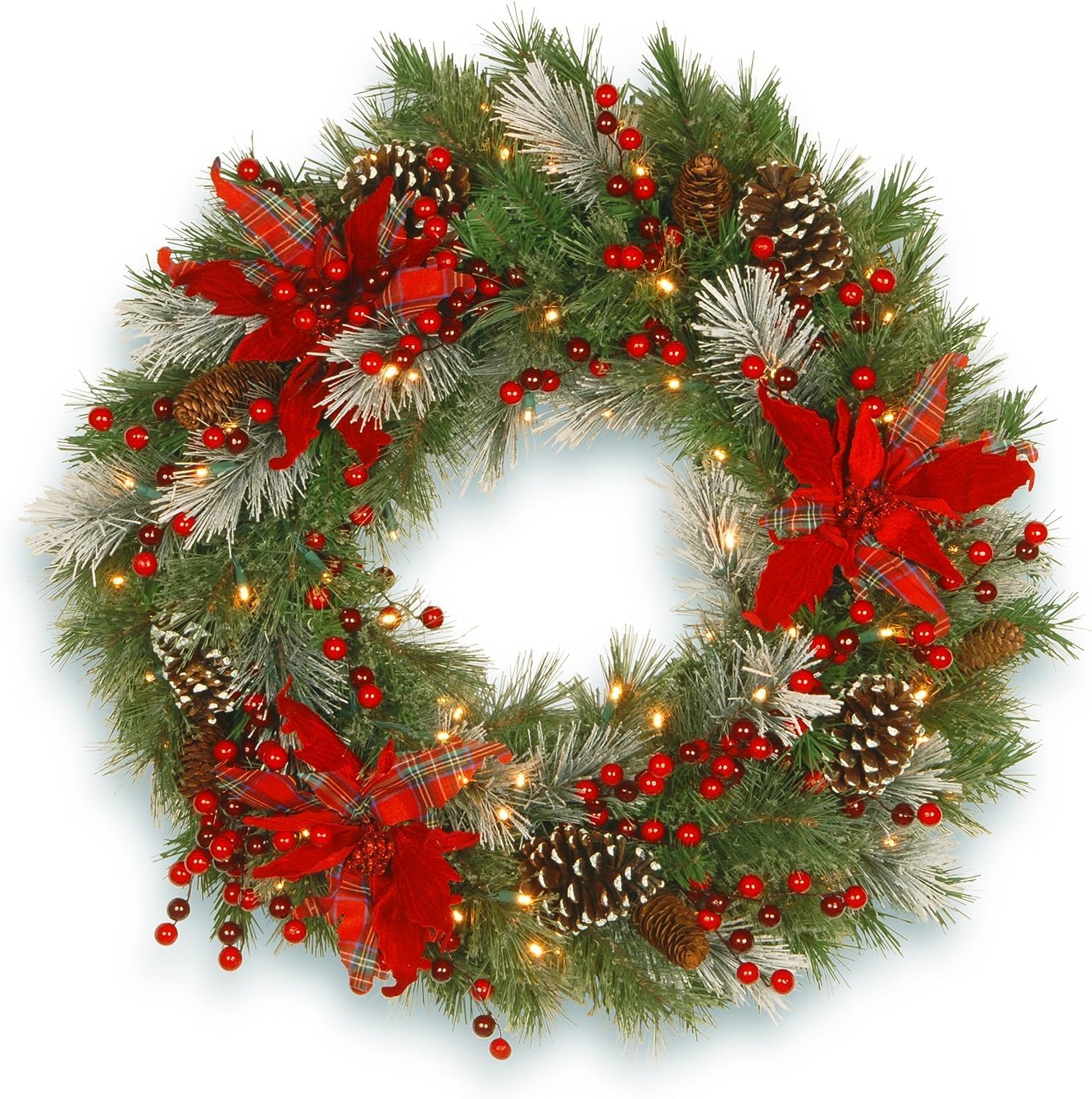 National Tree Company 9 ft Pre-Lit Decorative Collection Artificial Christmas Garland, Christmas Decoration with Pinecones, Red Berries, Poinsettias, 50 Clear LED Lights, 138 Tips, Timer, Green