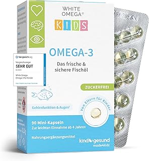 Omega 3 Kinder - Vergleichssieger 2025-518mg Fischöl: 293mg DHA & 173mg EPA - zuckerfrei, kein Fischgeschmack, leicht zu schlucken - Omega 3 Kids Fischöl Kapseln - White Omega Kids, 90 Mini Pearlz