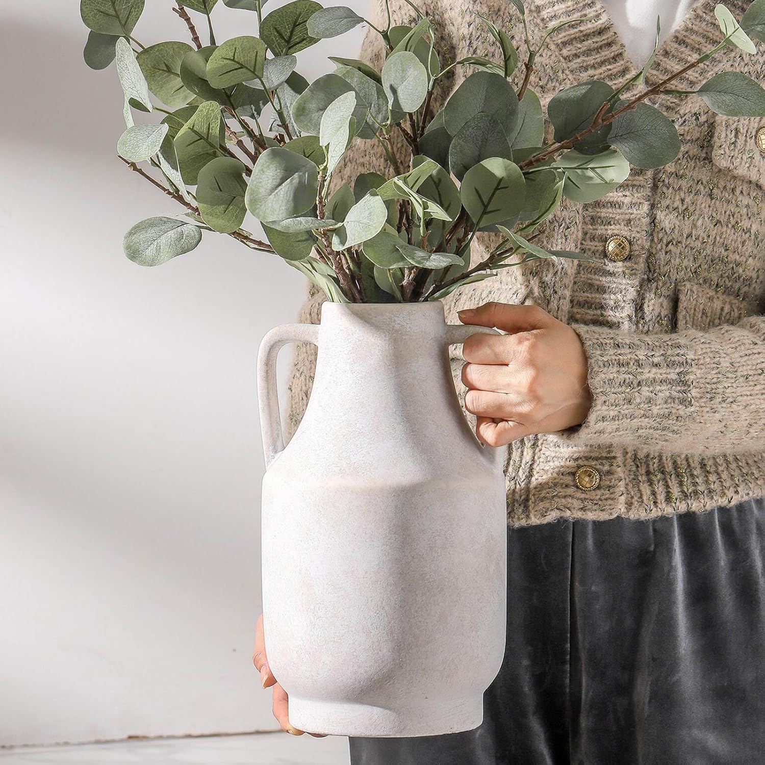 Mitt&Ditt Ceramic Flower Vase with Handles, 11 inch Tall Off-White Vase, Large Decorative Terracotta Vases, Farmhouse Rustic Pottery Vases for Home Decor, Living Room, Table - Image 6