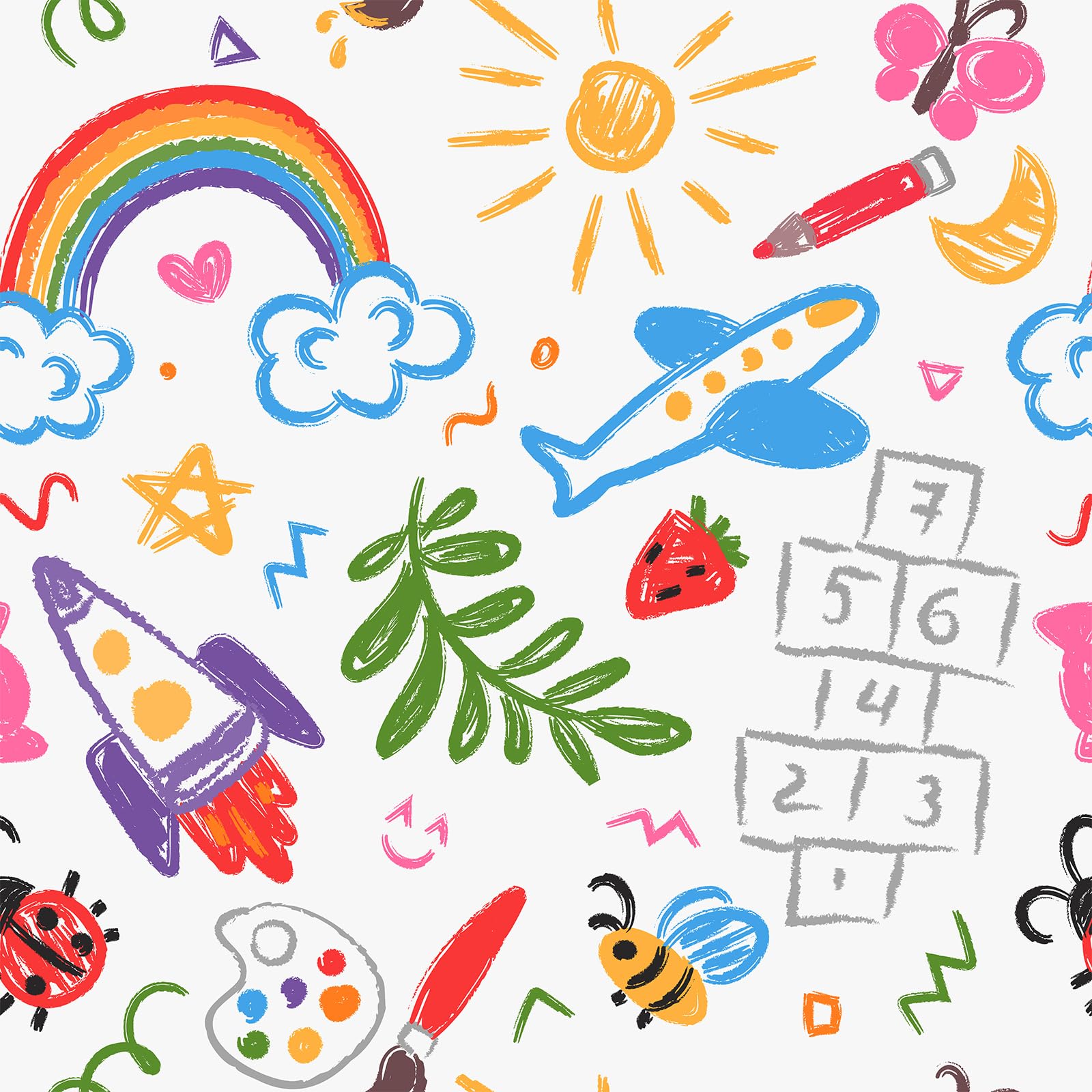 Papier peint enfant fusée arc-en-ciel autocollant dessiné main
