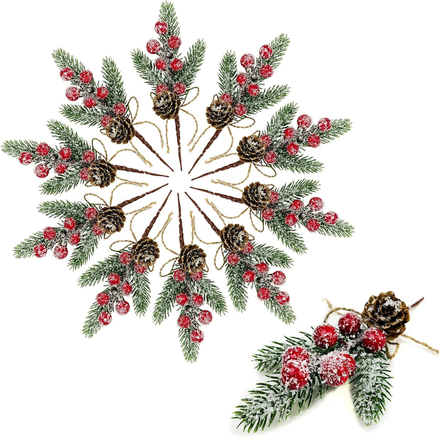 White Berry Stems Floral Pine Cones 10PCS Christmas Artificial Pine Branches Evergreen Berries Branch White Holly Spray Wreath Picks for DIY Craft Christmas Winter Décor