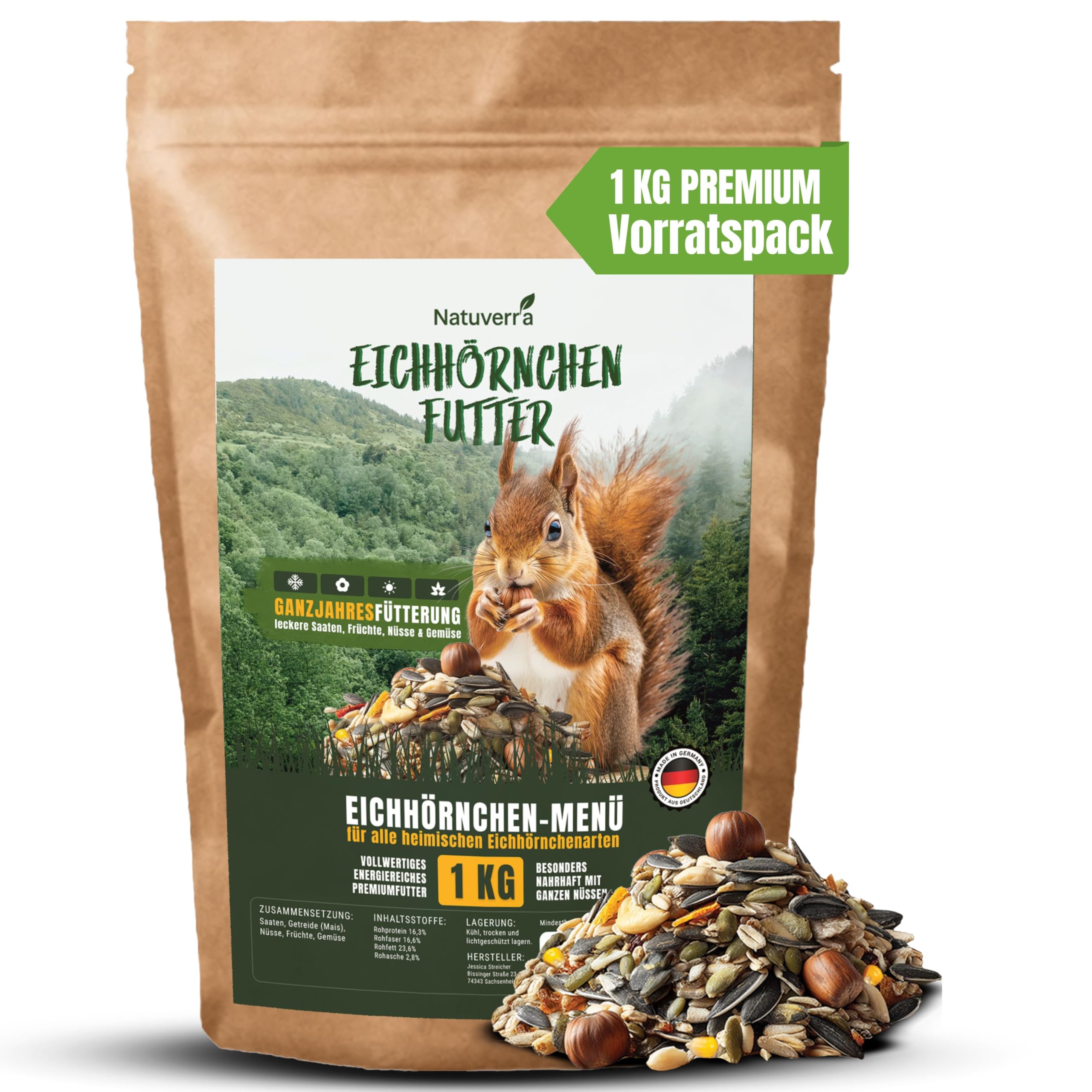Menù per scoiattolo, 1 kg, mix premium di semi, cereali, noci, frutta e verdura, ricco di proteine ed energia, cibo tutto l'anno per scoiattoli e scoiattoli, richiudibile