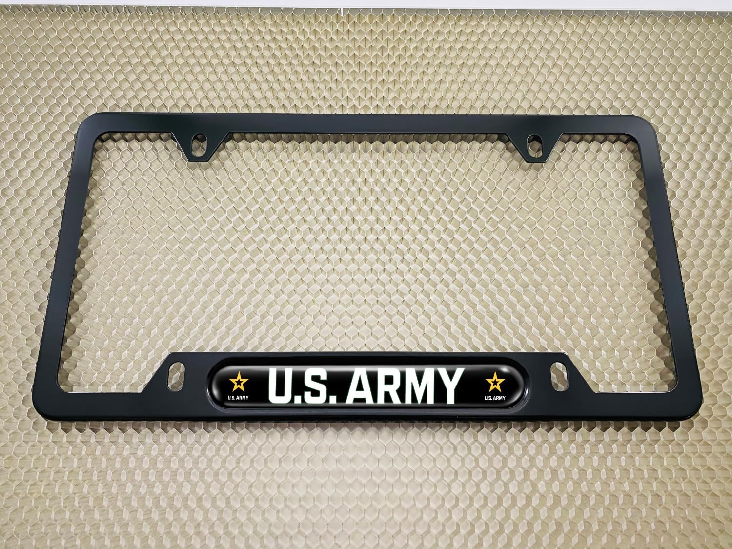 [Officially Licensed Product] - USA Patriotic Anodized Aluminum Thin Top | Narrow Top Car License Plate Frame U.S. Army with Star Logo - Domed Insert with Free caps - Black