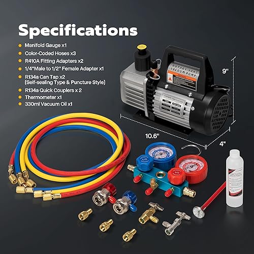 Miniatura 7 de VIVOHOME - Bomba de vacío de paletas rotativas de 14 HP y 3.5CFM a 110 V y kit de manómetro de aire acondicionado con termómetro para R134a R12 R22