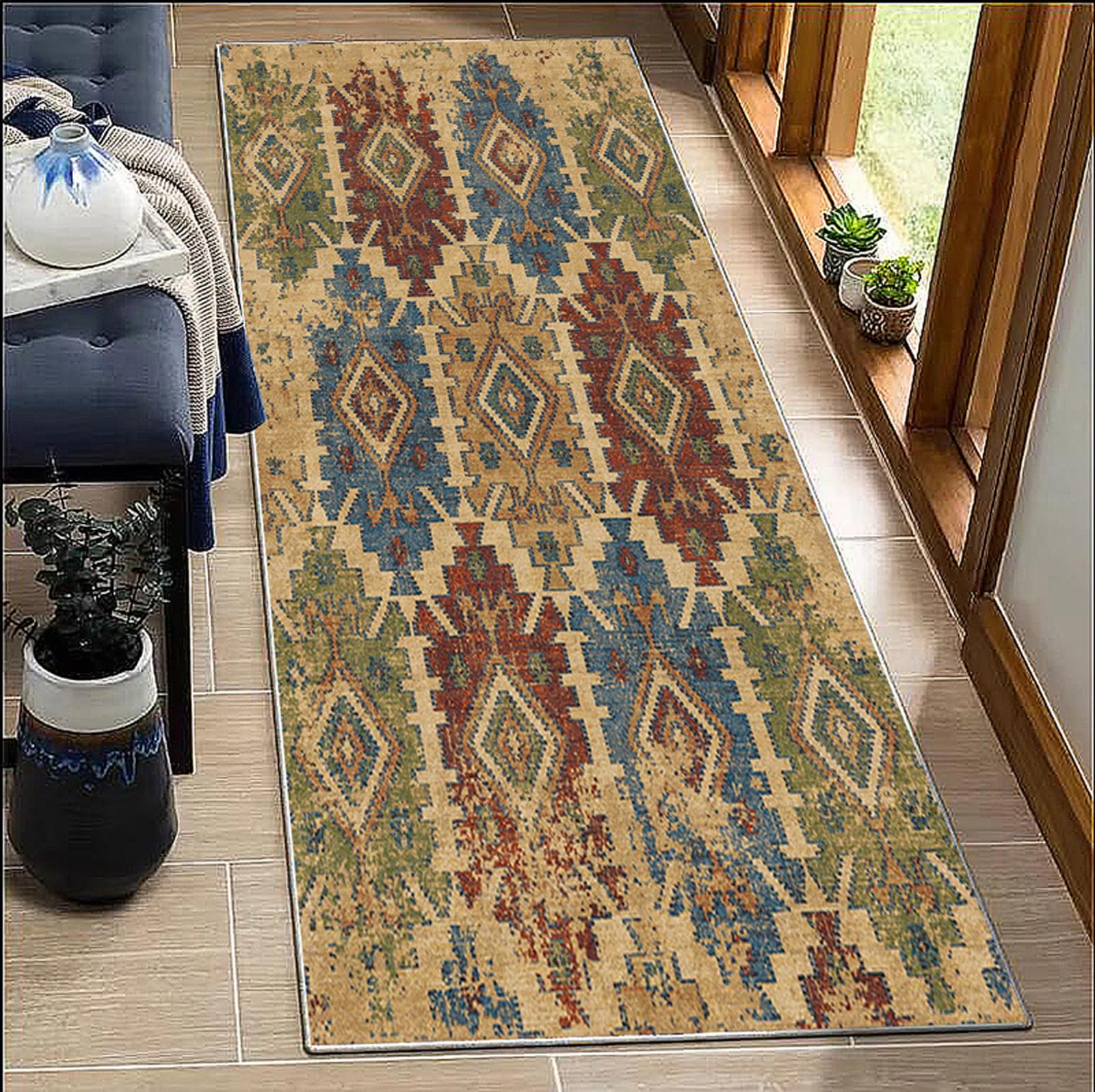 Tappeto Cucina Multicolore Passatoia Corridoio 1.8 metri Antiscivolo Lavabile,Vintage, Pelo Corto per Soggiorno, Camera da Letto, Ingresso – Ideale per Cucina, Bagno e Lavanderia 60x180cm