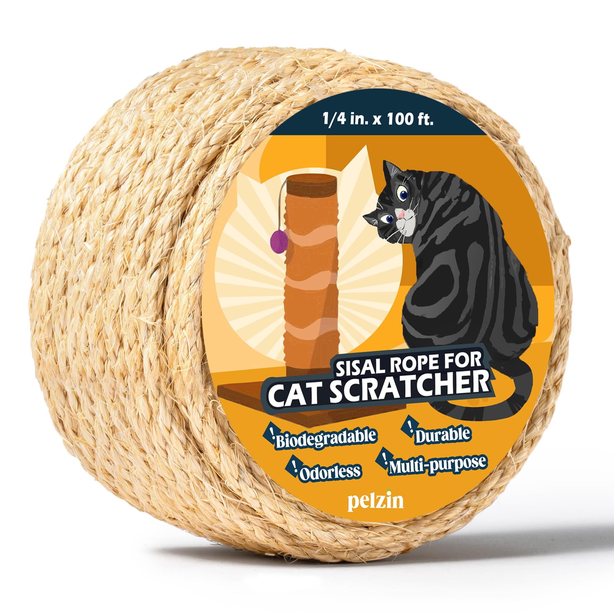 Pelzin Natural Sisal Rope for Cat Scratcher 1/4 Inch by 100 Feet, Cat Tree Rope Twine for Cat Scratching Post Replacement, Cat Tower with Scratch Post Repairing, Replace, Recovering and DIY, Natural