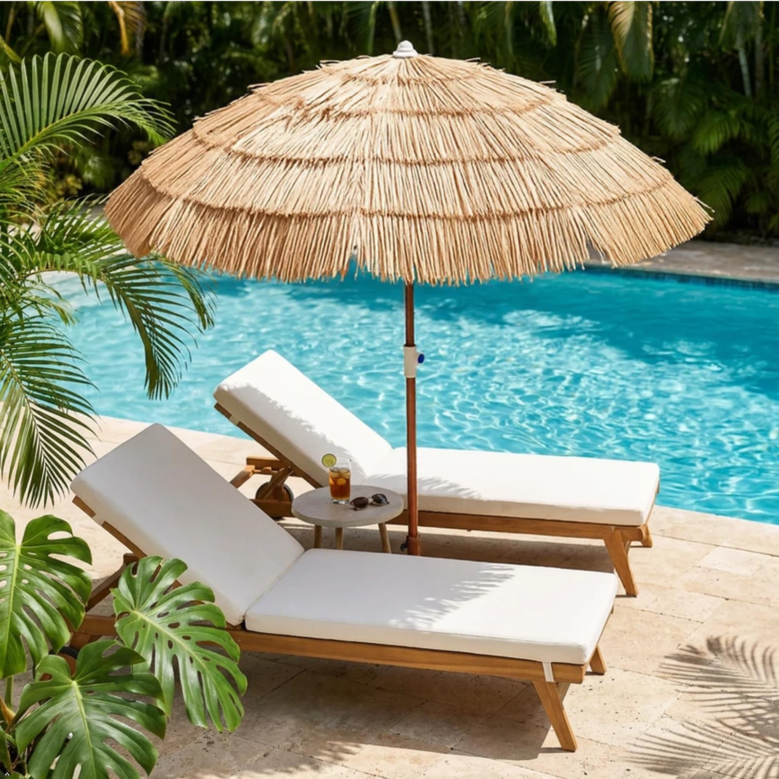 KOMFOTTEU Lettino Prendisole con Schienale Regolabile, Sedia Sdraio in Legno di Eucalipto, Sdraio dav Spiaggia con Cuscino e 2 Ruote, Portata fino a 160 kg, Natura e Beige, ‎195 x 68 x 30-90 cm (1)