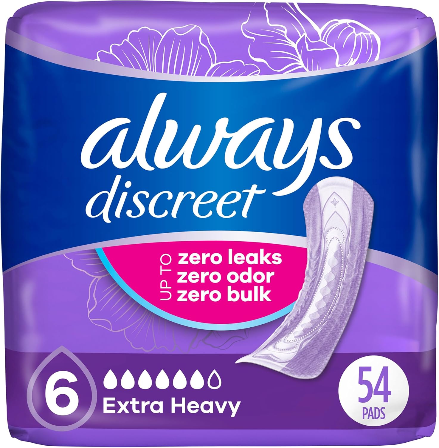 Always Discreet Adult Incontinence Pads for Women, Extra Heavy Absorbency, Regular Length, Postpartum Pads, Up to 100% Bladder Leak ProteCountion, 54 Count