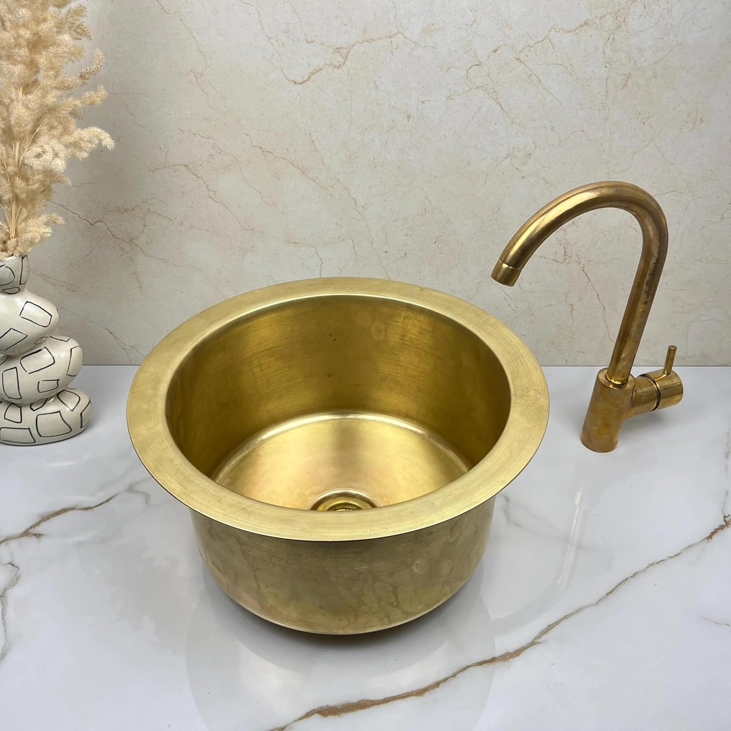 Modern Handmade Brass Bar Sink, Unlacquered Round Bathroom Vanity Sink, Drop-In Wet Bar or Kitchen Sink, 16 Gauge Solid Brass Basin (14"= 35cm)
