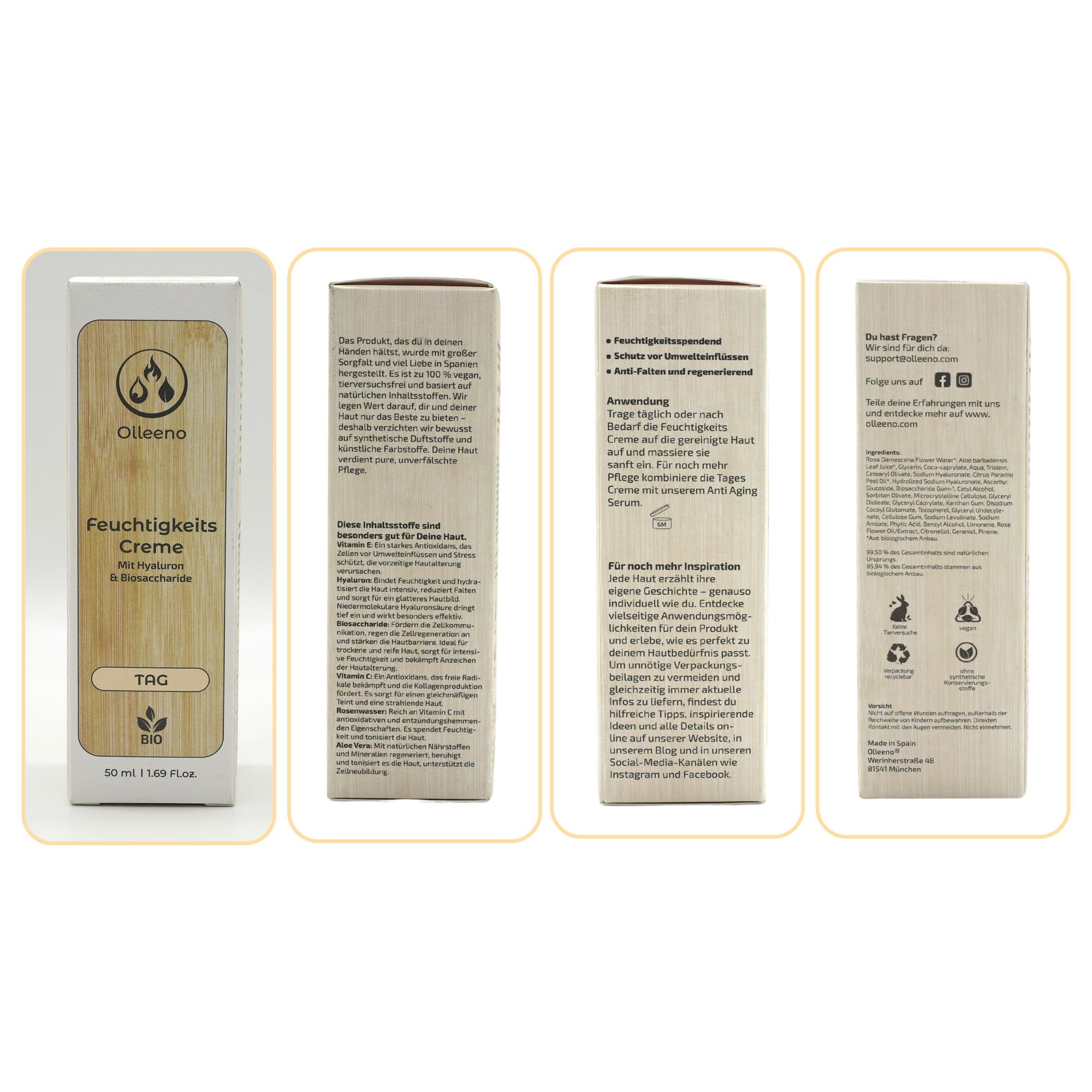 Olleeno Crema idratante viso da donna, 50 ml, con acido ialuronico, vitamina E + C, acqua di rose e aloe vera