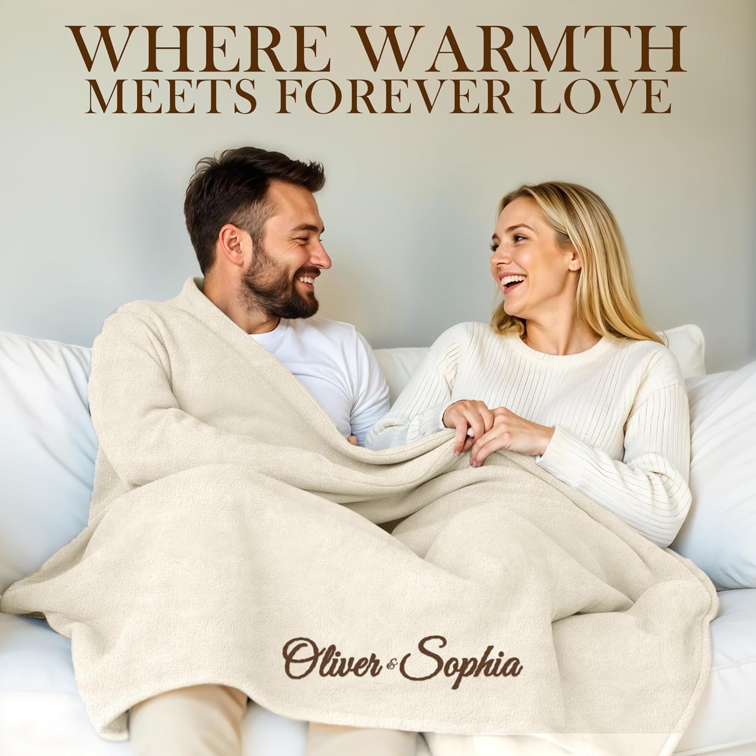 Personalized Blanket with Embroidered Name, Custom Fleece Throw Blanket Cozy Soft Blanket for Bed, Sofa, Couch, Travel, Camping, Personalized Wedding Gift 2025, Valentine's Day, New Home - Cream