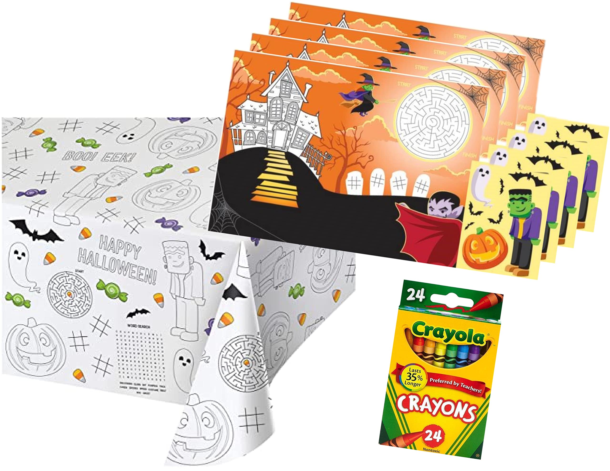 BlackLabel Direct Childrens Halloween Fun Party Supply Activity Bundle - Includes Color-On Paper Tablecloth, Placemats and Crayons