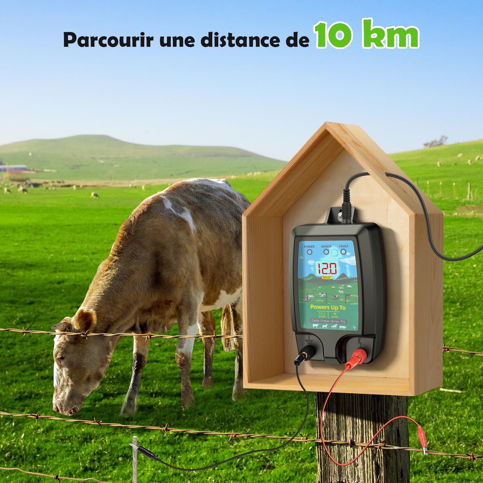 10KM Clôture Électrique pour Animaux, Puissante 2J electrificateur Clôture Électrique avec Écran LCD, Haute Puissance Étanche Clôture Électrique pour Ferme Jardin Pâturage