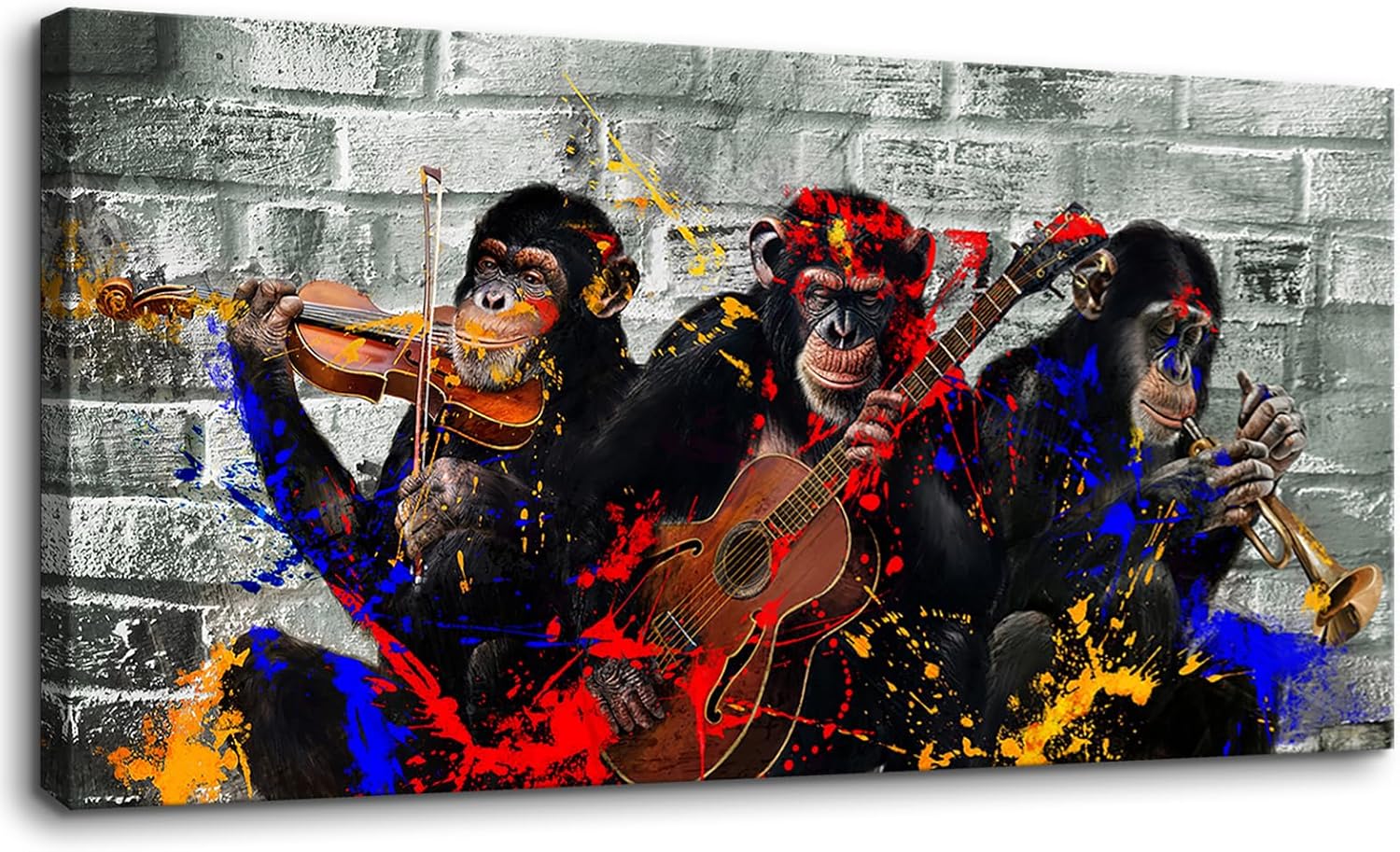 YARUITU Chimpanzee Musicians Wall Art,Funny Animal Wall Art,Chimpanzees Playing Musical Instruments,Animal Pictures Wall Decor for Nursery Bedroom Office Home Decorations,40" W x 20" H