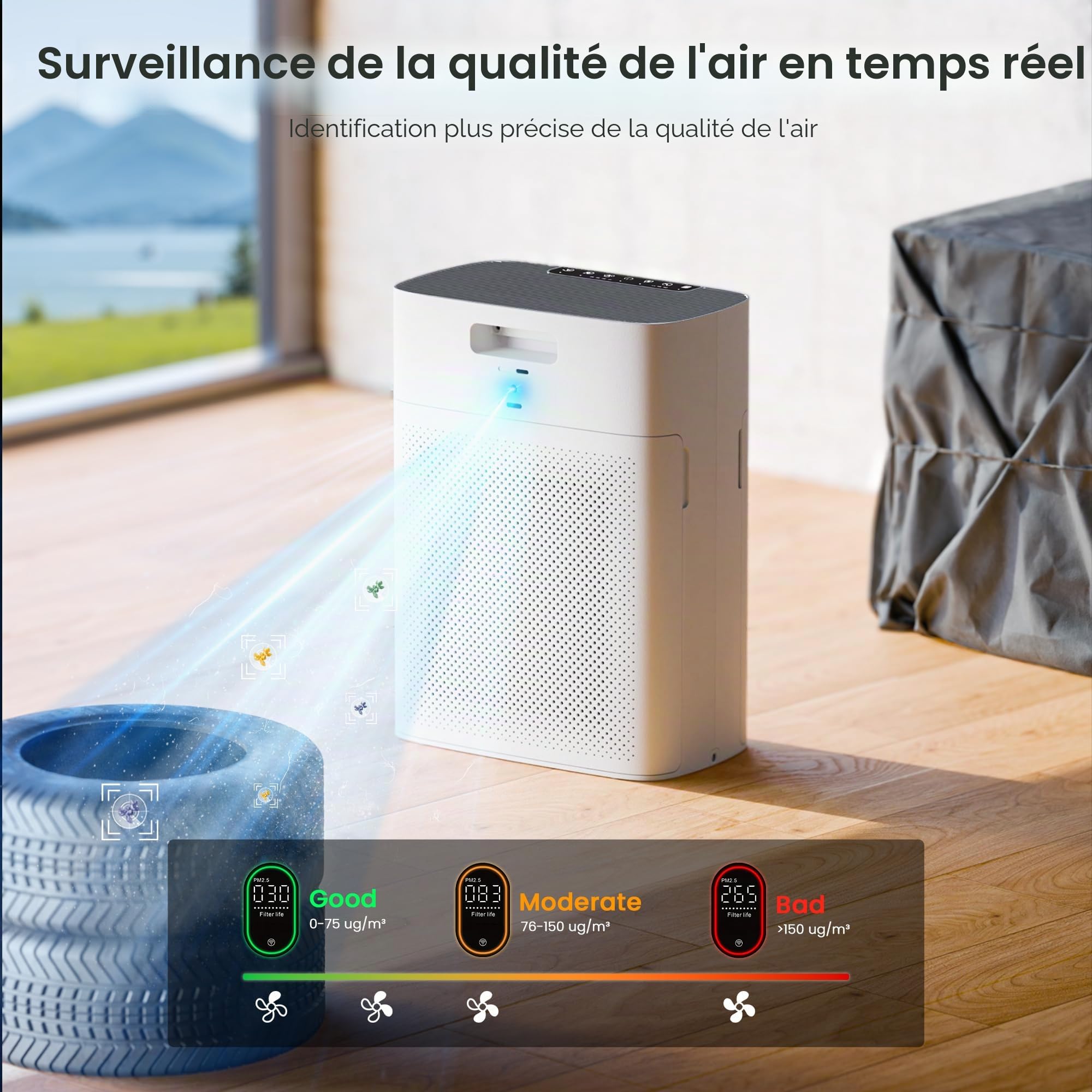 MERONTE Purificateur d'air pour pièces fumées Hypoallergénique, Filtre HEPA Anti-pollen Poussière, CADR 300m³/h pour 100m², 24dB Silencieux, Minuterie, 1 Pack + 3 Modi