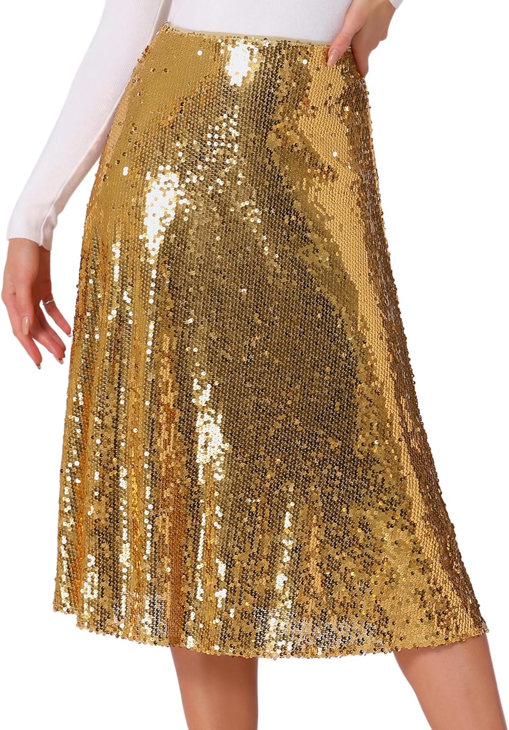 Allegra K Women's Sequin Midi Skirt Sparkly Glitter 2024 Cocktail Party Flare Skirts