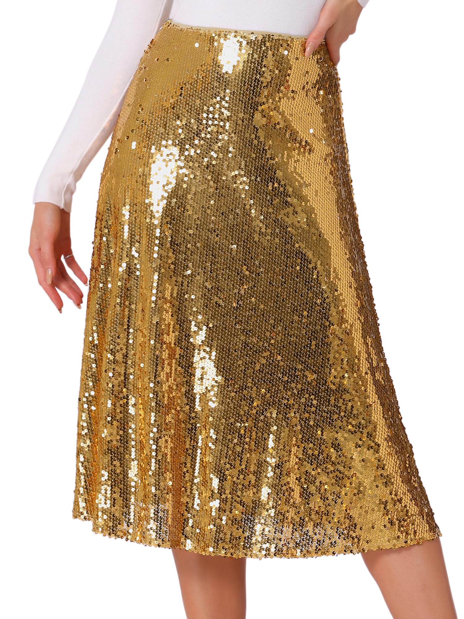 Allegra K Women's Sequin Midi Skirt Sparkly Glitter 2024 Cocktail Party Flare Skirts