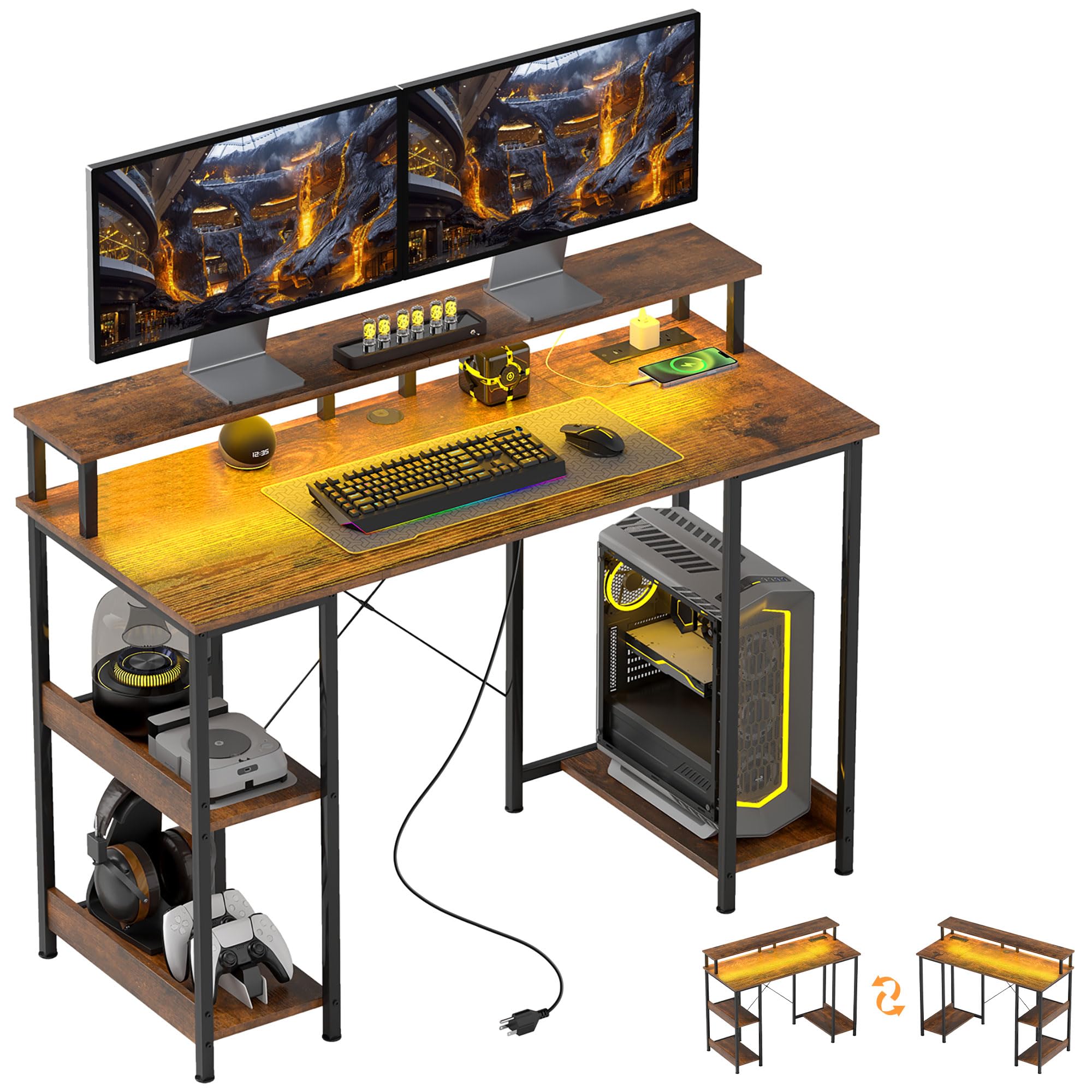 Bureau de jeu de 119 cm avec support pour moniteur et étagères