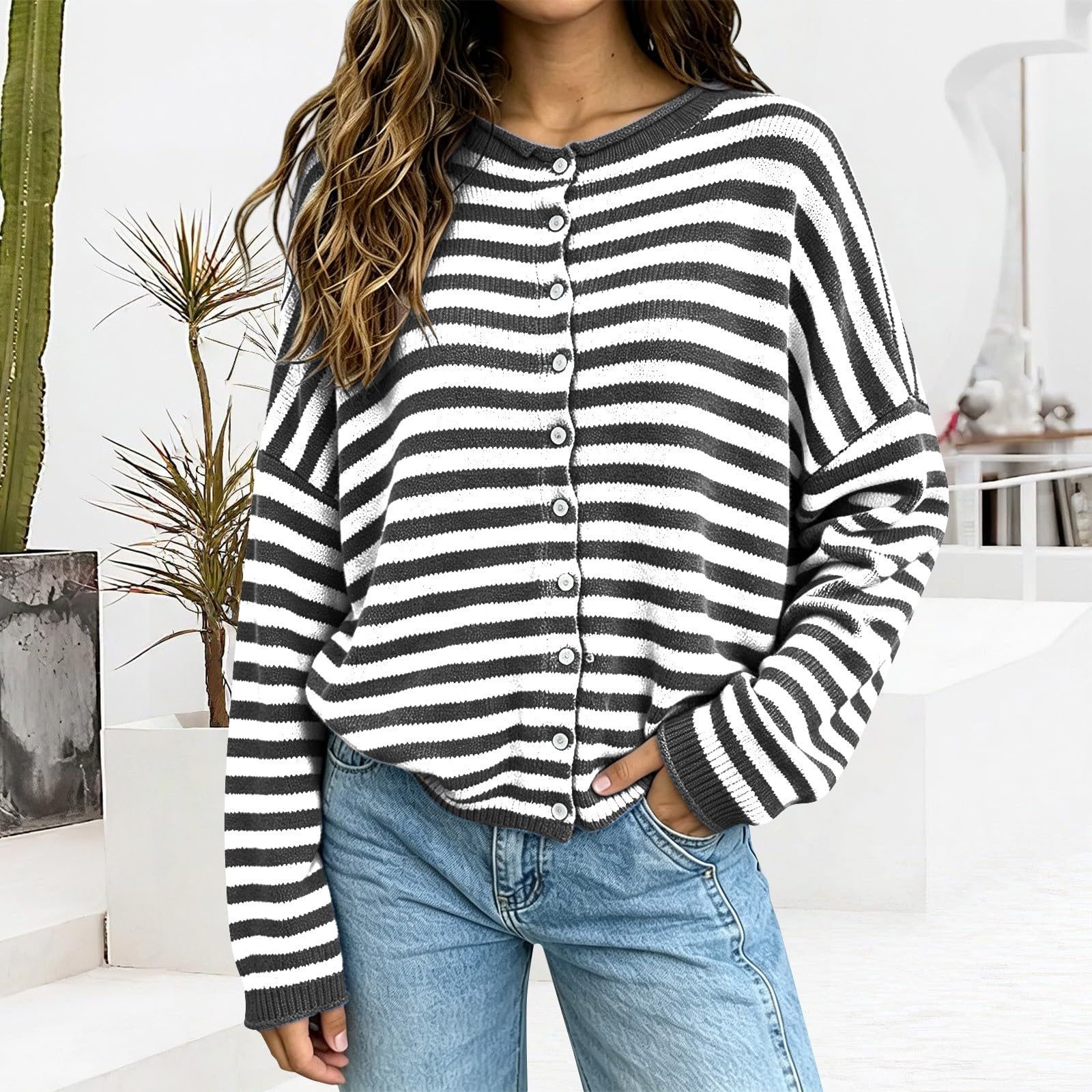 Maglione da donna, tinta unita, casual, a righe, per autunno e inverno