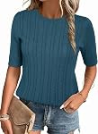 Arach&Cloz Women's Summer Sweater 2026 Trendy Short Sleeve Spring Tops Casual Crewneck Knit Pullover Shirt