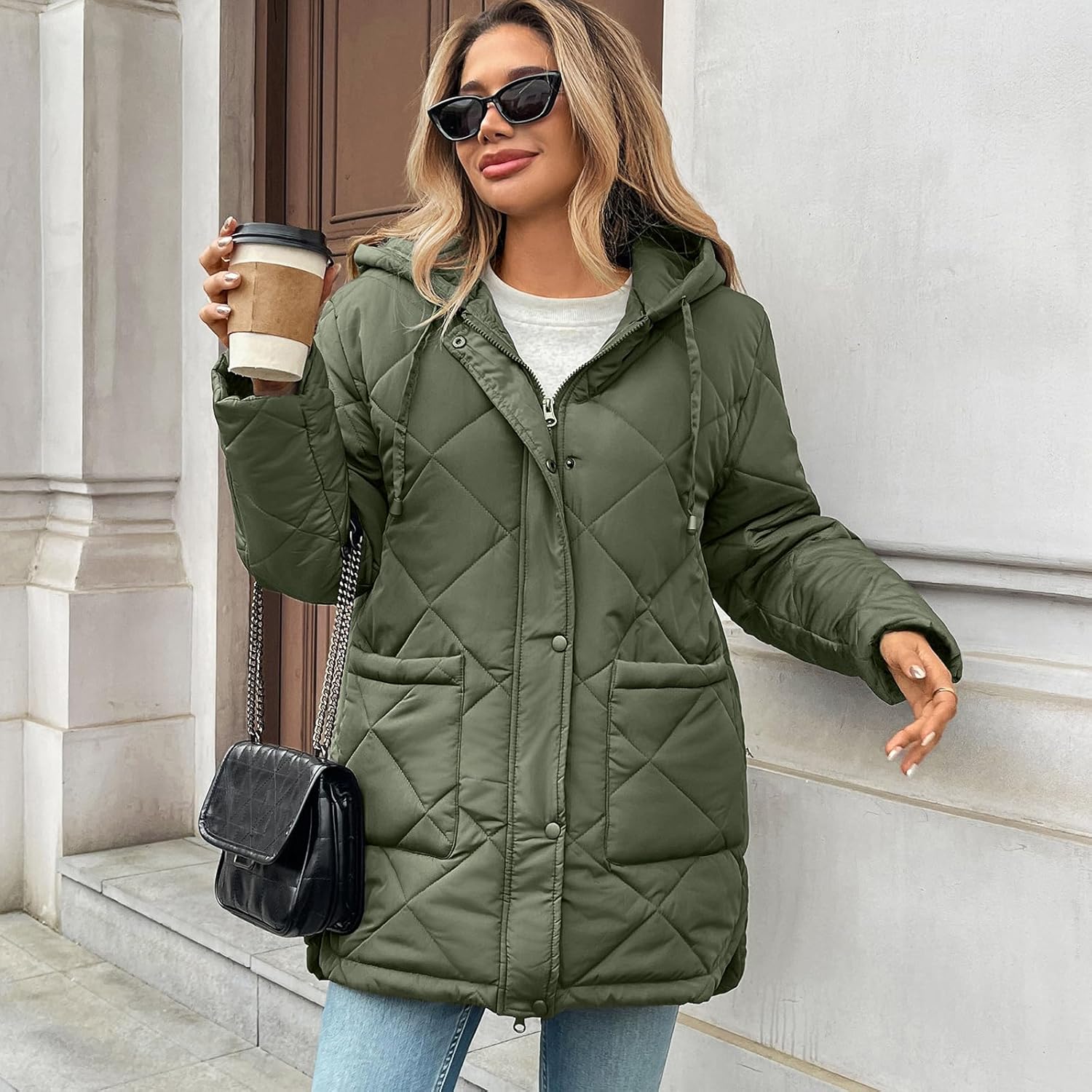 HOTIAN Womens Quilted Puffer Jackets Hooded Long Sleeve Full Zipper Casual Winter Lightweight Diamond Coats with Pockets - Image 5