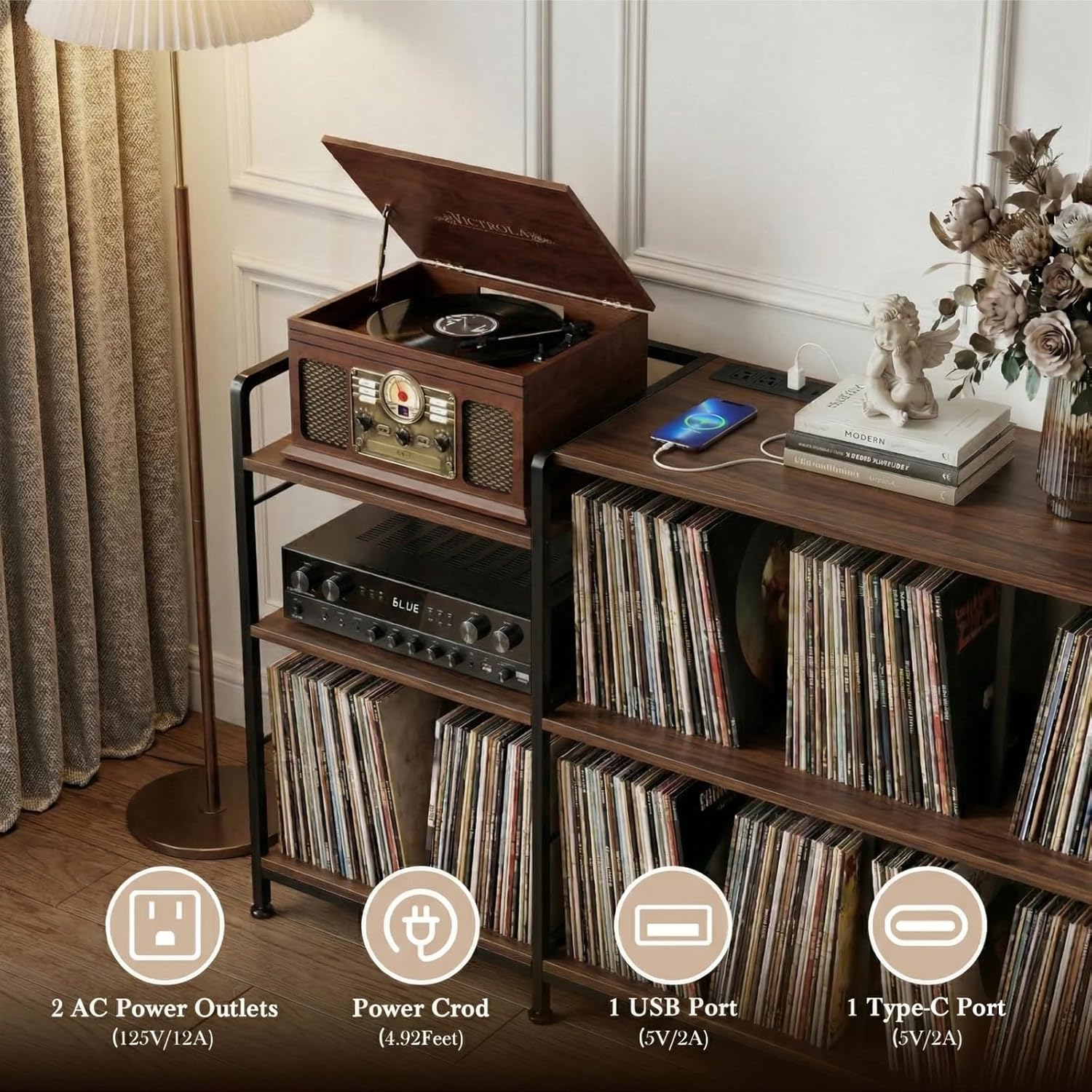 Record Player Stand with Vinyl Record Storage, Turntable Stand with Power Outlet, Large Record Storage Shelf Holds 500 Albums, Industrial Audio Rack for Living Room Bedroom, Walnut