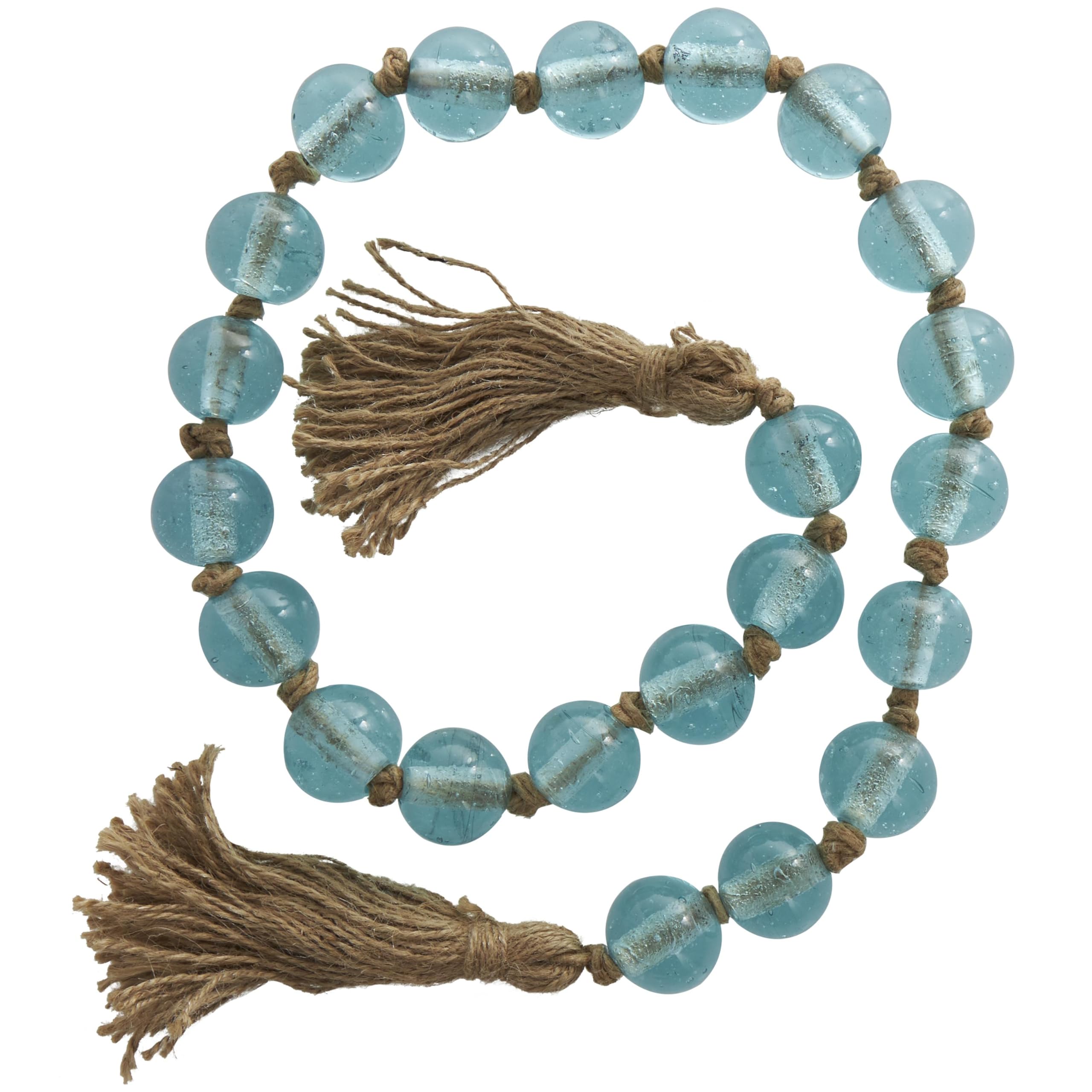 Deco 79 Guirnalda de Cuentas Redondas de Cristal Hecha a Mano con Borla con Yute marrón Anudado, 45 x 1 x 1 Pulgadas, Azul Claro