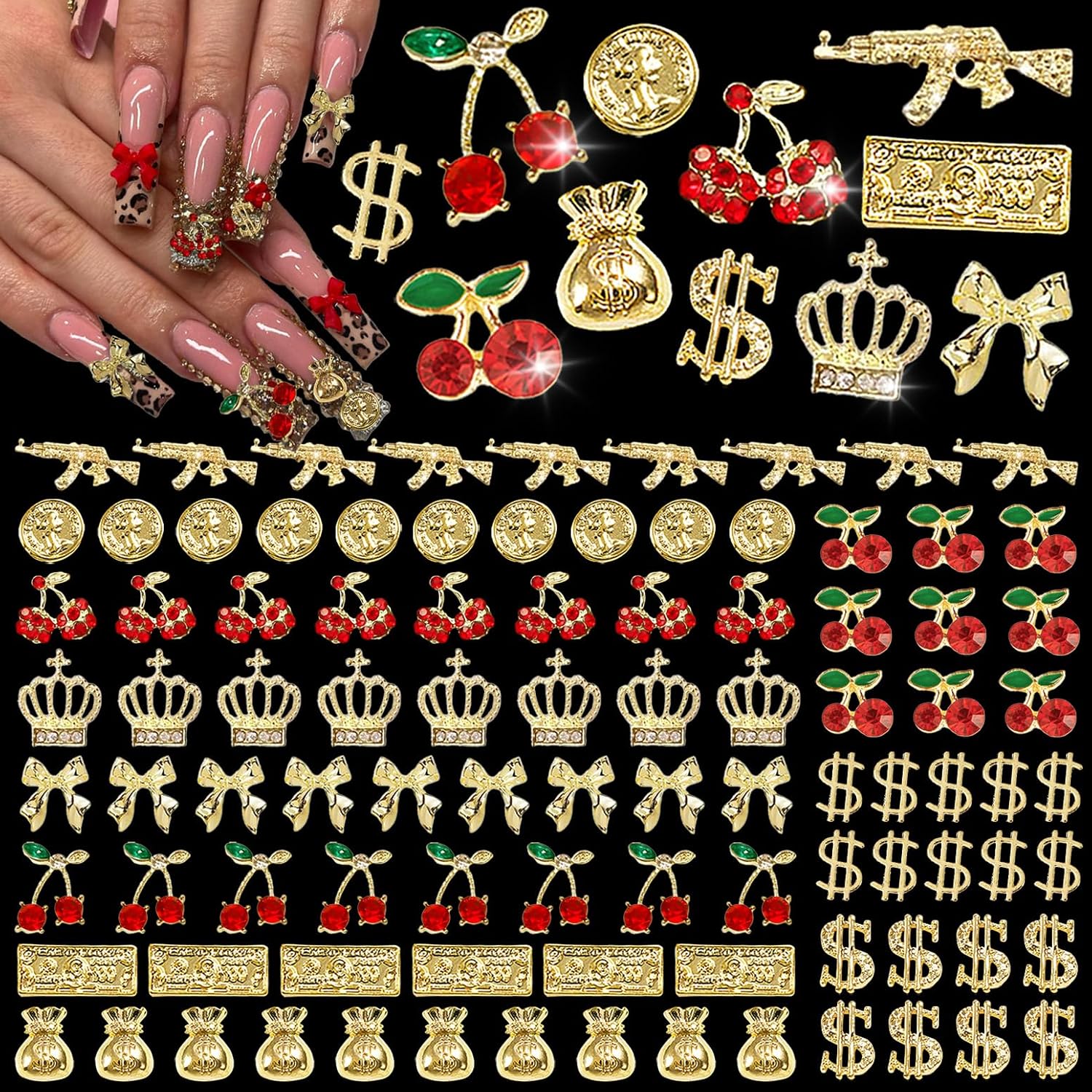 106 Pcs Gold Nail Charms with Dollars Sign, Coins, Cherries, Crowns, Guns and Bows for Nail Art Decoration Jewelry