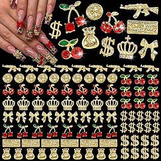 106 Pcs Gold Nail Charms with Dollars Sign, Coins, Cherries, Crowns, Guns and Bows for Nail Art Decoration Jewelry