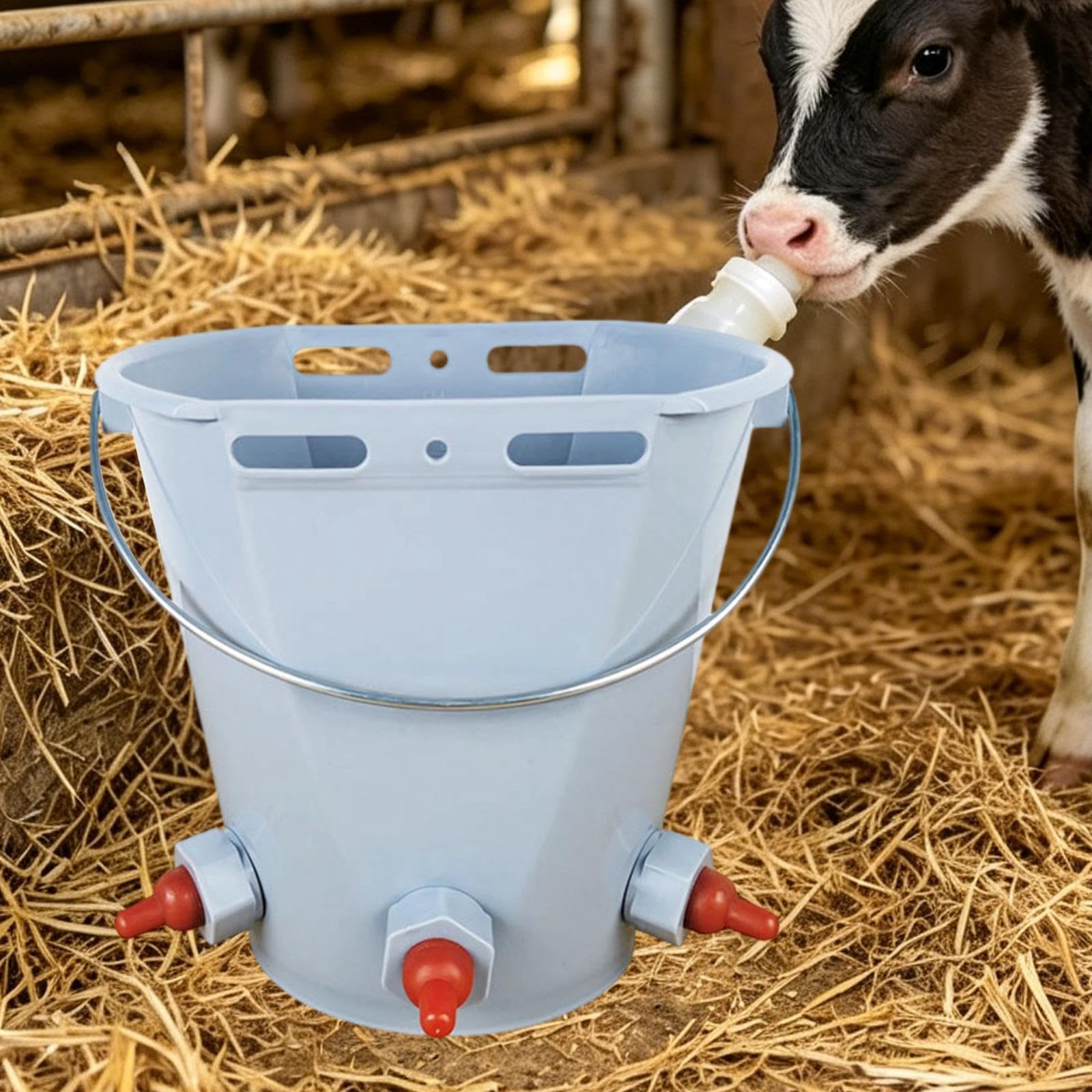 Secchio per l'alimentazione dei vitelli, Secchio per l'alimentazione del Latte, 8 Litri con tettarella, Premium, Pratico con Graduata, Grigio con 3 Capezzoli