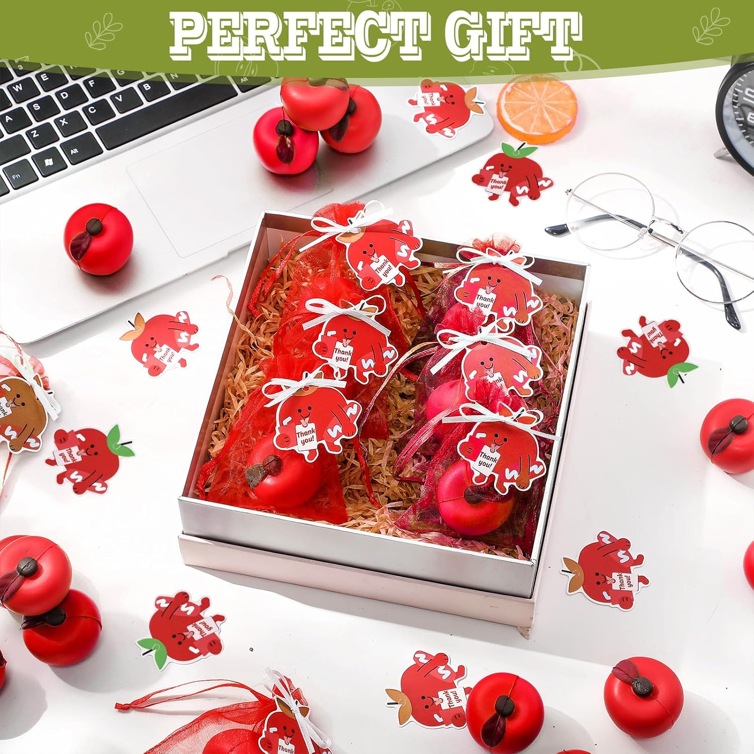 Civaner 30 Fruit Stress Balls with Card and Organza Bag Red Fruit Stress Relief Balls for Adults Finger Exercise Christmas Employee Students Teacher Gifts