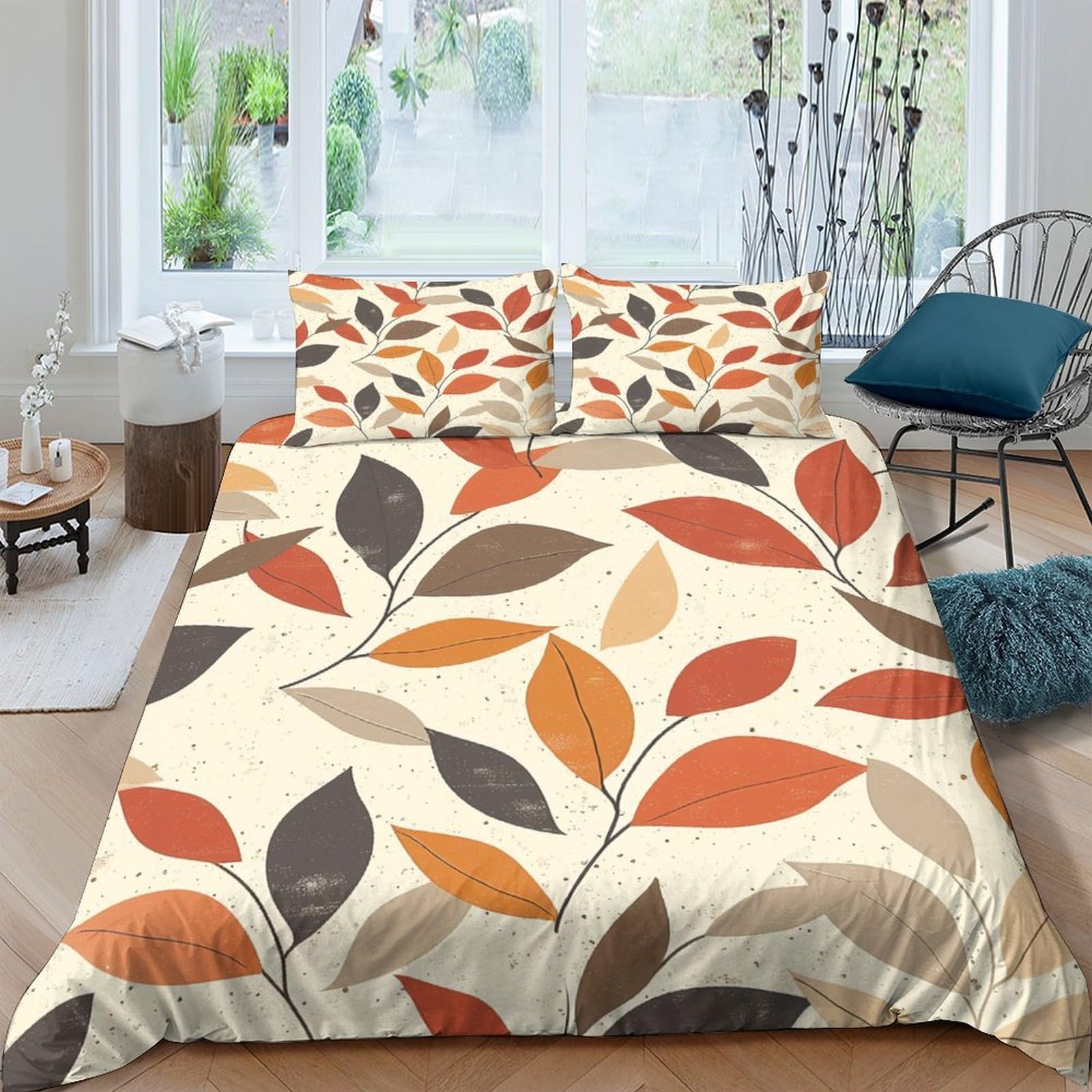 GPLZQXKJNH 3D Printed Autumn Leaf Duvet Cover Microfiber Soft Breathable Colorful Foliage Bedding Set with 2 Pillowcases for Bedroom Decor Single（135x200cm）