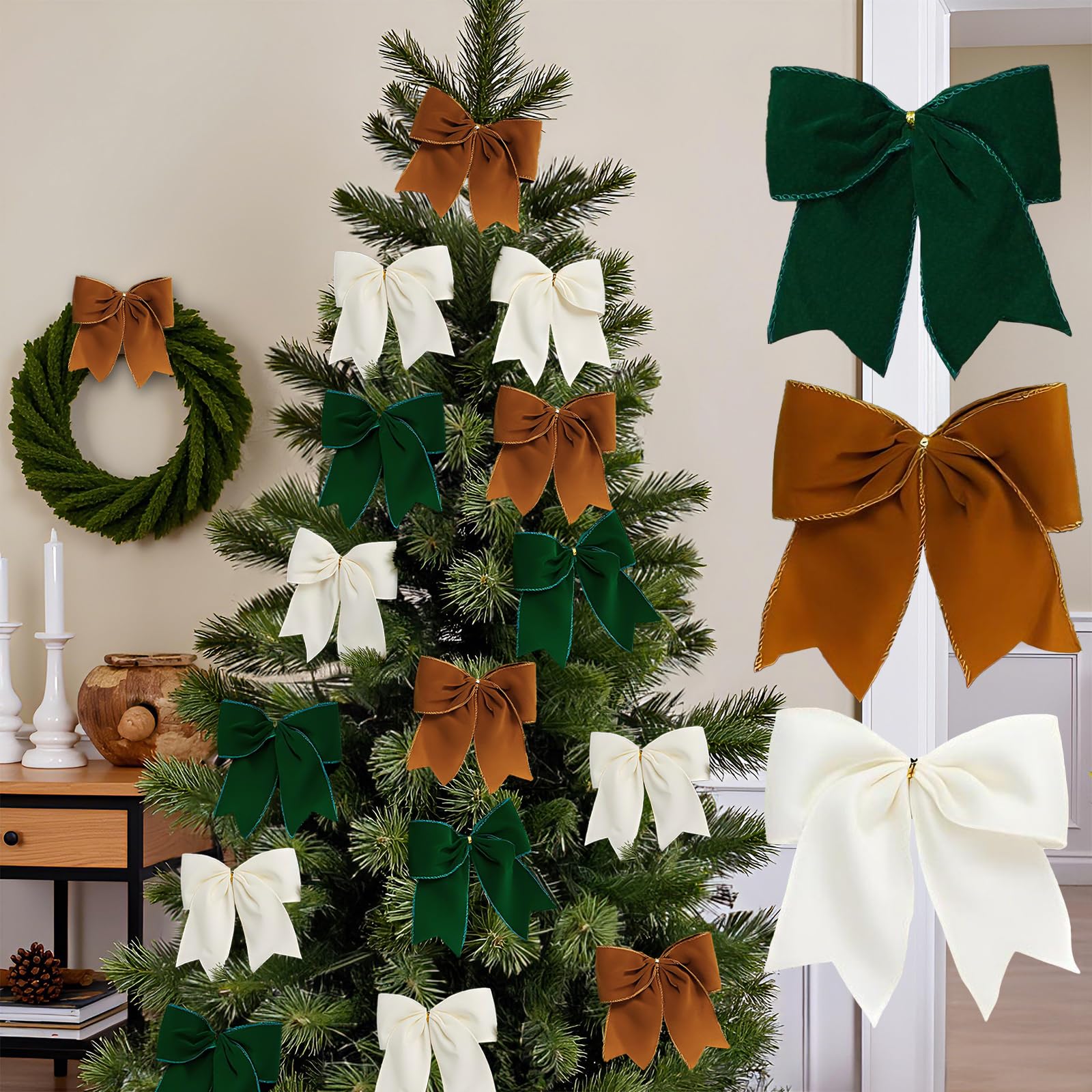 Photo 1 of **2 PACKS** 18Pcs Vintage Velvet Christmas Bow Decor - Cozy Rustic 6 Inch Ribbon Bow Ornaments for Christmas Tree, Wreaths, Garland, Gift Wrapping, DIY Crafts & Xmas Home Decoration (Green, Brown, Beige)