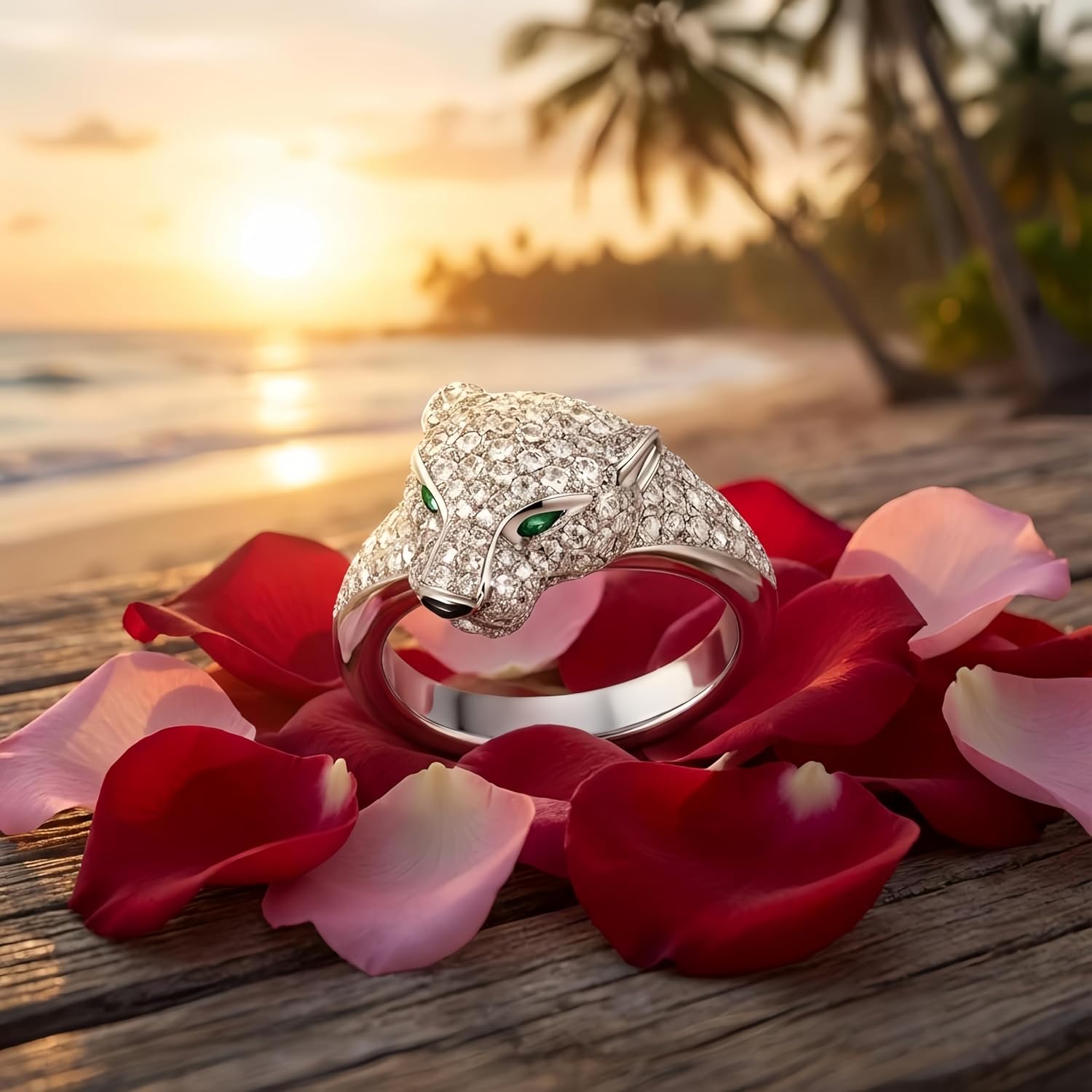 18K Gold Panther Ring for Women with Diamond Pavé & Emerald Eyes | Round Cut Diamonds & Emeralds | Fine Jewelry for Birthday, Cocktail Party, Valentine's Day, Wedding