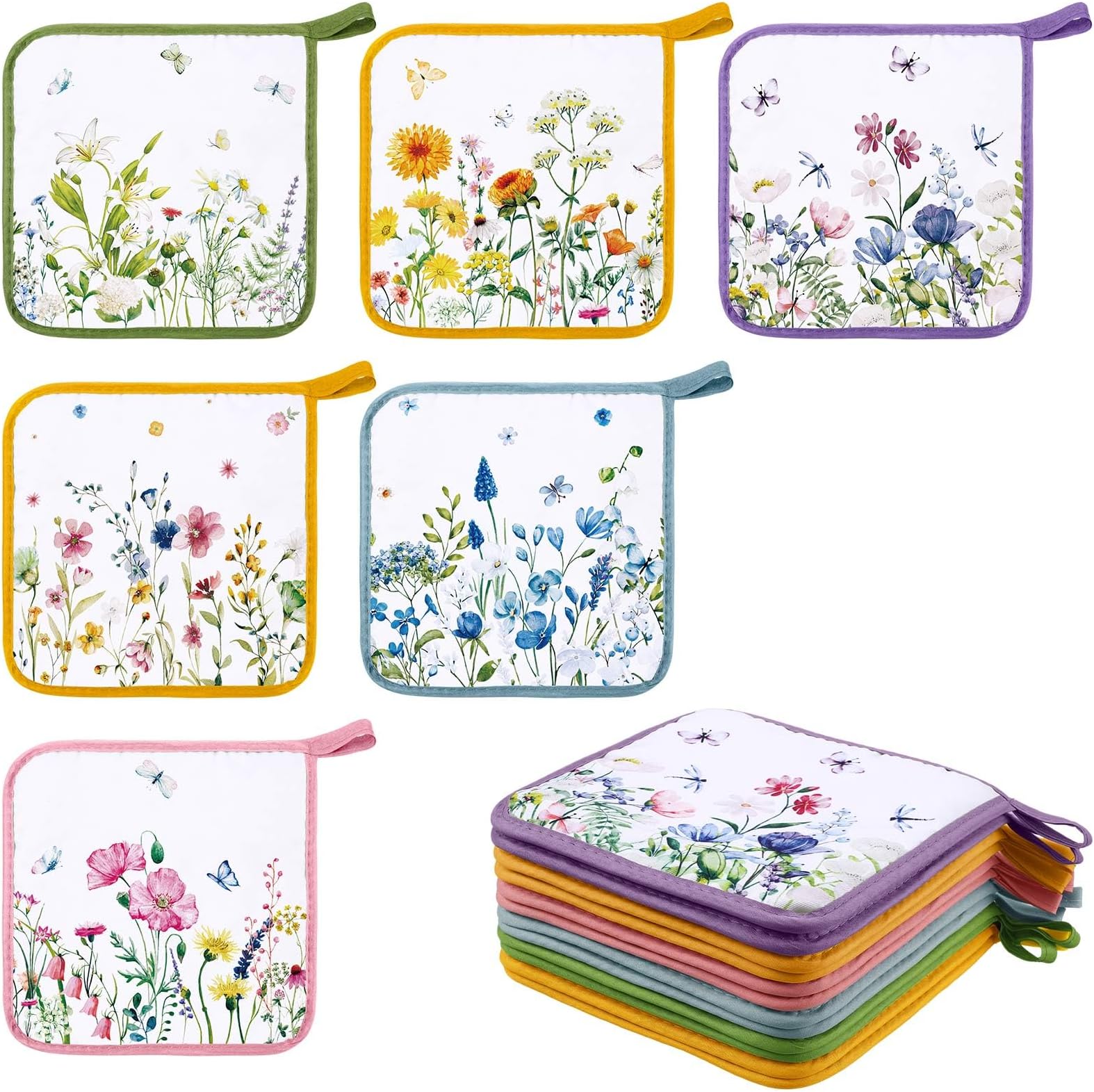 Bencailor 12 Pcs Pot Holders with Pocket Kitchen Hot Potholders Hot Pad Oven Mitts Cookie Bag Oven Gloves for Kitchen Gift Baking Cooking (Floral)