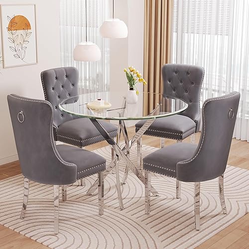 Miniatura 20 de Juego de mesa de comedor de vidrio Modehodei para 4, juego de mesa de cocina redonda de 5 piezas de vidrio templado con 4 sillas tapizadas