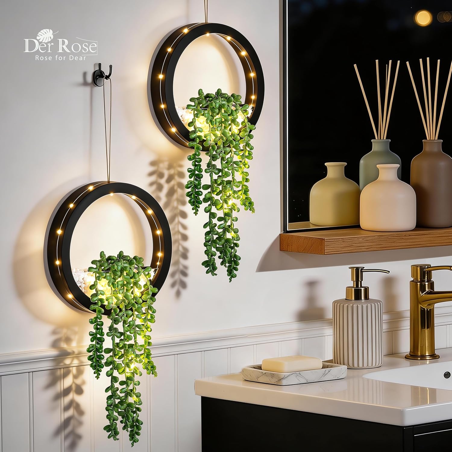 Der Rose 2 Pack Lighted Hanging Plants, Artificial String of Pearls Plants with Warm LED Lights, Aesthetic Fake Plants for Black Bedroom Bathroom Living Room Wall Decor, Party & Gift for Women