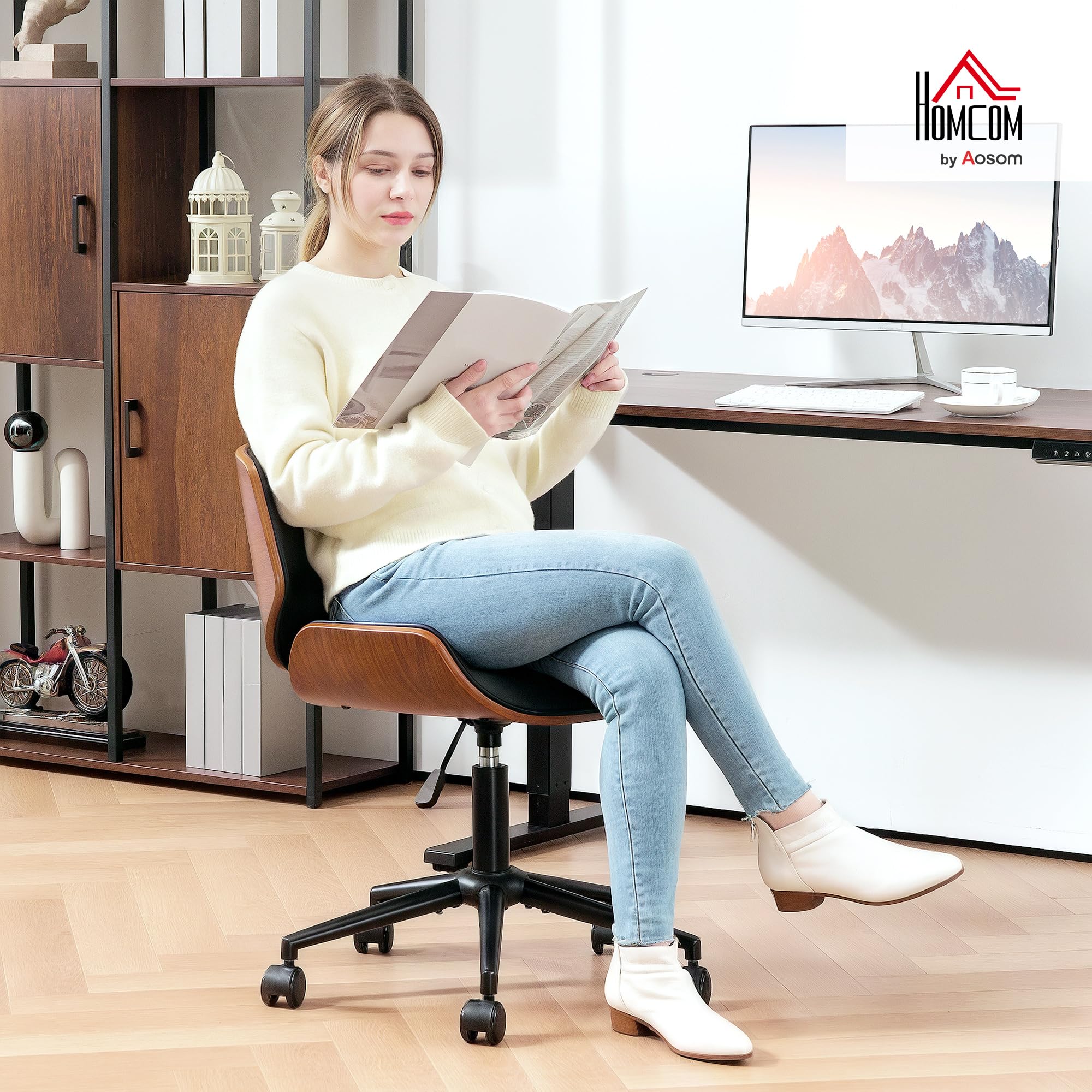HOMCOM Silla de Oficina sin Brazos Vintage Giratoria Negro y Marrón | Silla de Escritorio, Tapizada en PU, Madera Curvada, Altura Ajustable, Respaldo Curvado