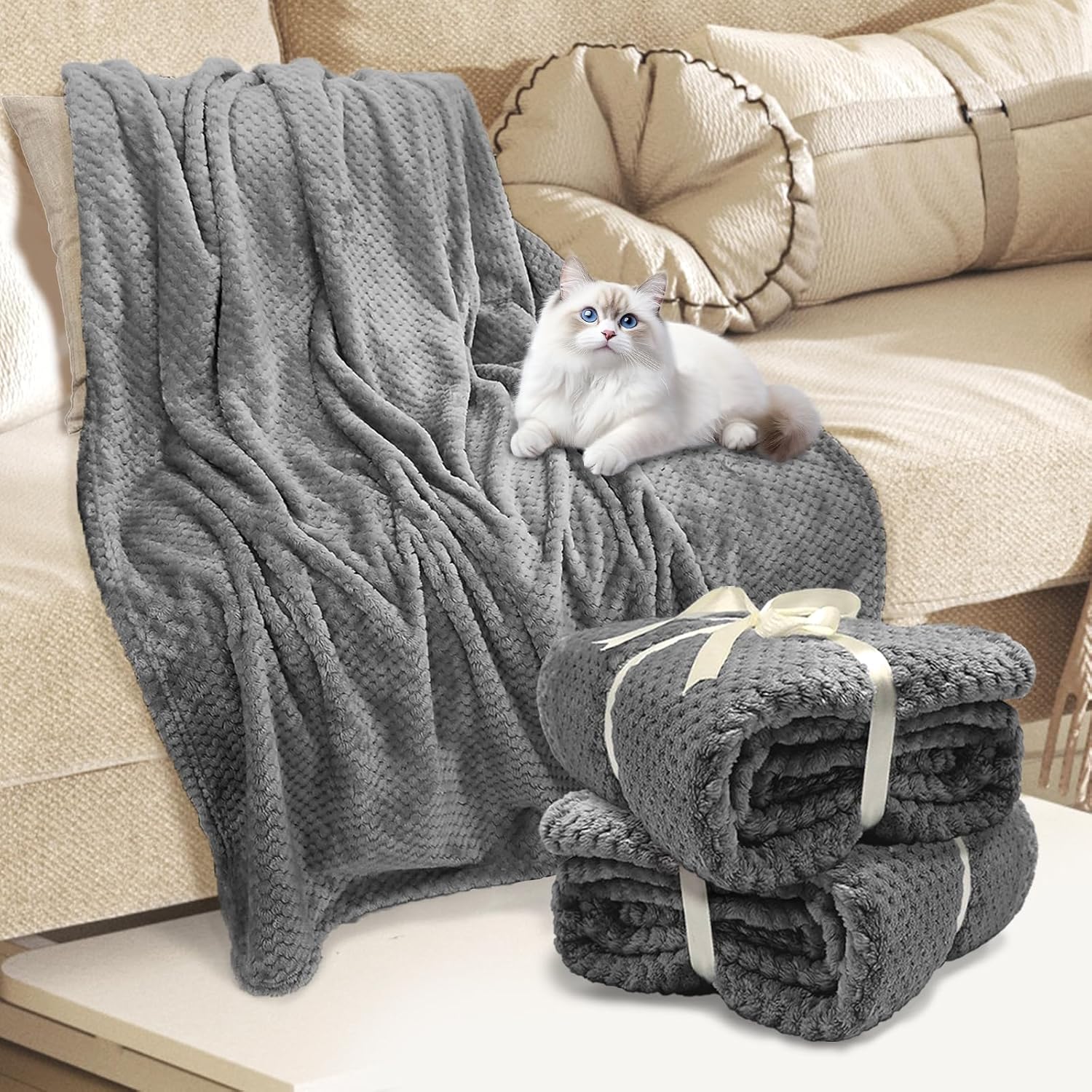 8 Pack Fleece Throw Blankets 50x60 in – Oeko-TEX Standard 100 Certified, 240GSM Ultra Soft Plush for Bed/Couch, No Shedding, Waffle Texture (Dark Gray)