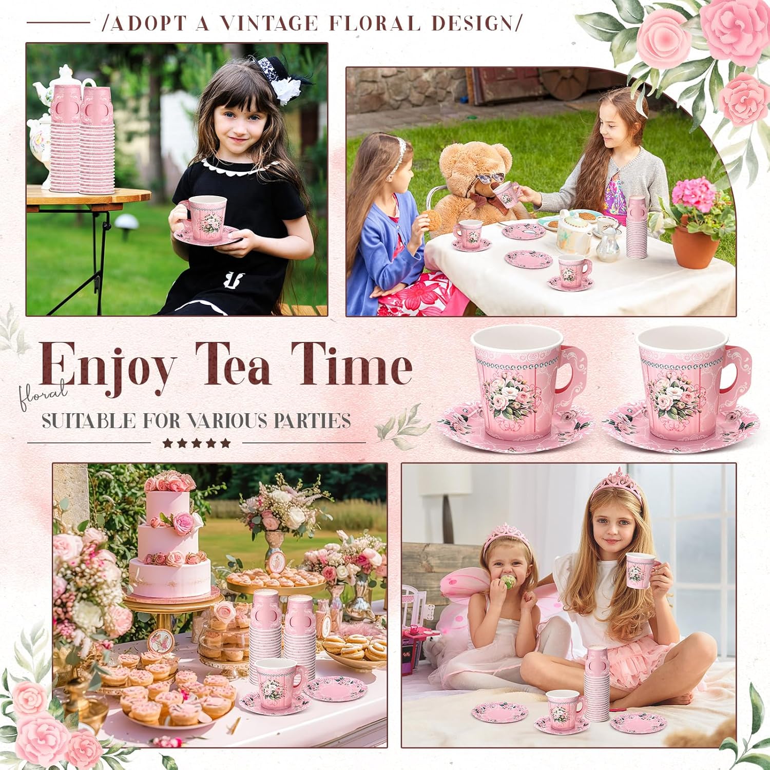 Nuogo 200 Pcs Floral Paper Tea Cups and Saucers 7 oz Disposable Paper Teacups with Handle and Plates for Tea Party Decoration Wedding Birthday Baby Shower Bridal Mother's Day, Serve 100(Pink)