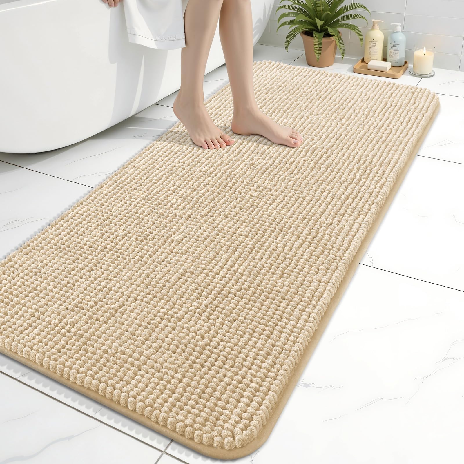 Homaxy Thick Soft Fluffy Bath Mat, Chenille Absorbent Bathroom Mat, Non Slip Bath Mats for Bathroom, Machine Washable Quick Drying Bath Rug, 61×120 cm, Beige — image 1