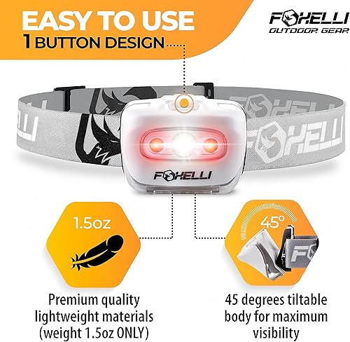 Miniatura 31 de Foxelli Linterna LED para adultos y niños, correr, campamento, senderismo con luz blanca y roja, faro ligero impermeable con diadema cómoda, 3