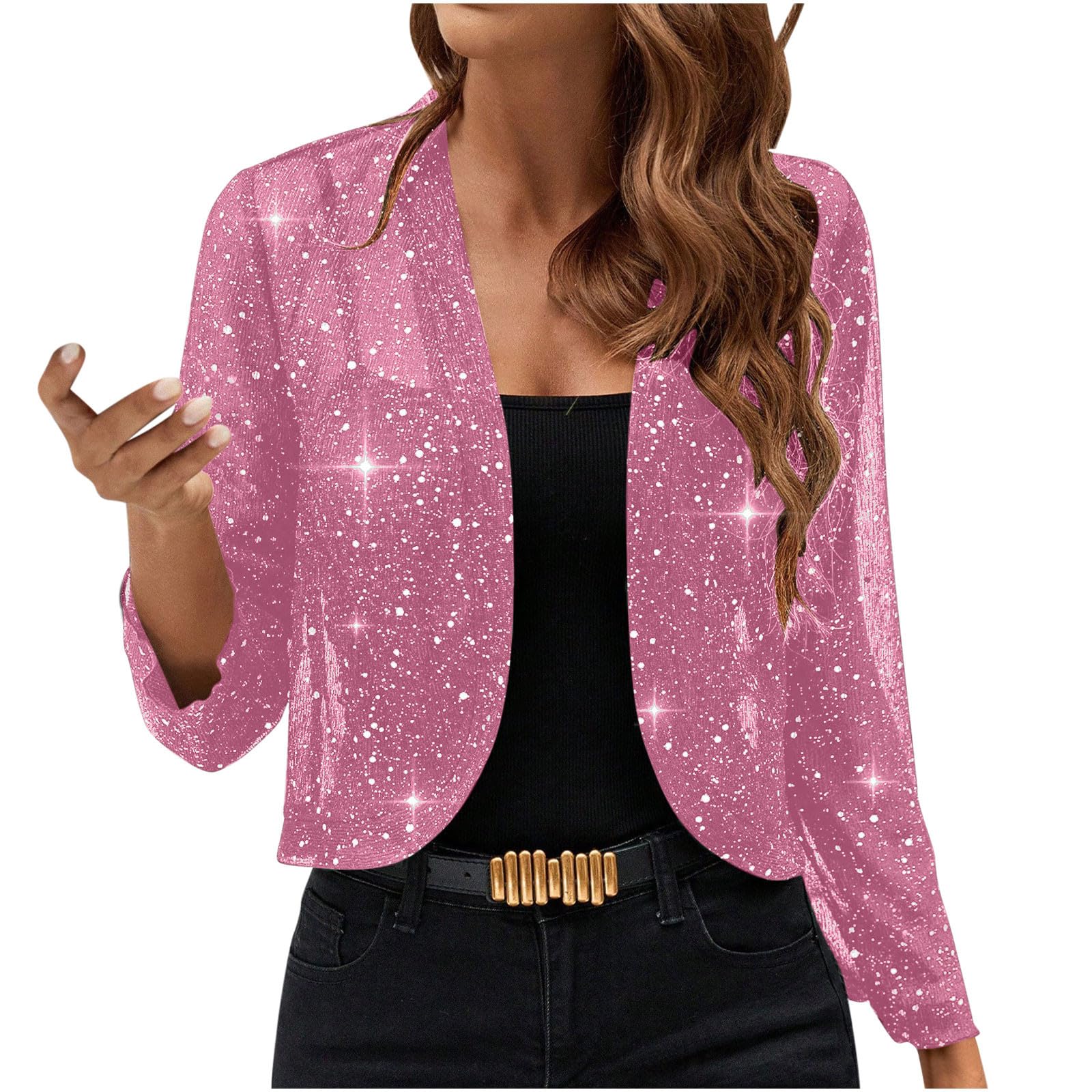 Womens Sequin Cardigan Sparkly Glitter Open Front Cropped Blazer Lightweight 3 4 Length Sleeve Casual Thin Jackets