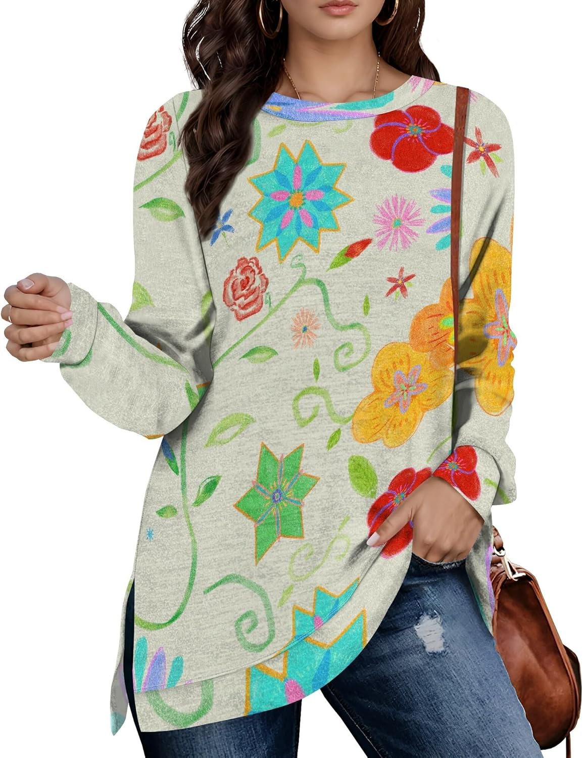 domirica Sweatshirts For Women V Neck Floral Sweatshirt Women Side Split Design Pullover Hoodies Comfy Fashion Clothes