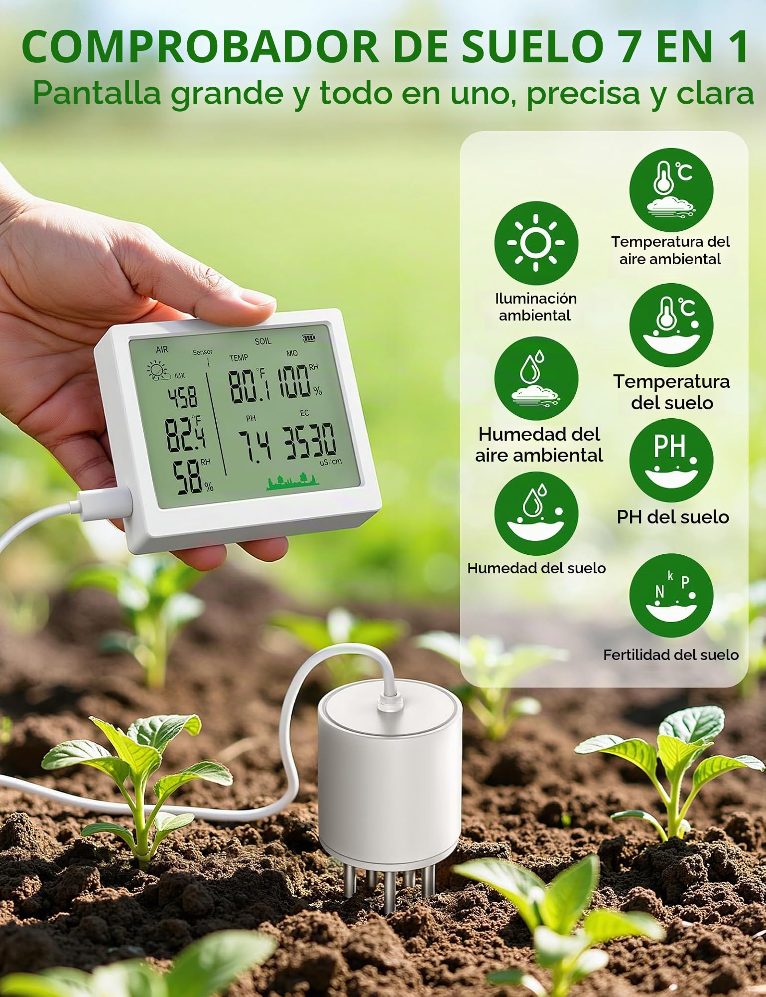 EXTSUD 7 en 1 Medidor de Suelo, Higrómetro de Suelo/Temperatura de Suelo/Luz Solar/Medidor de Fertilidad/pH/Humedad Ambiental/Temperatura Ambiental, Medidor Humedad Plantas para Flores Granja Jardín
