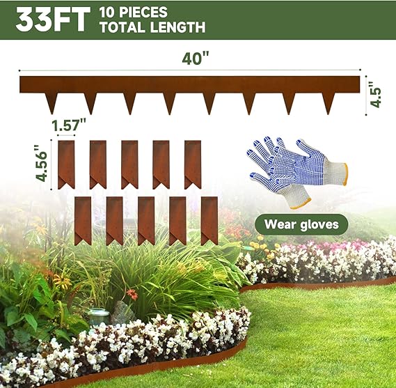 Corten Steel Landscape Edging-4.5 H X 40 L Metal Garden Edging-33FT-Landscape Lawn Edging 10 Pcs-No-Dig Hammer Heavy Duty Steel Edging-Bendable Border Strips for Lawn Yard GJWCVL-10 Clips
