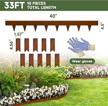 Corten Steel Landscape Edging-4.5 H X 40 L Metal Garden Edging-33FT-Landscape Lawn Edging 10 Pcs-No-Dig Hammer Heavy Duty Steel Edging-Bendable Border Strips for Lawn Yard GJWCVL-10 Clips