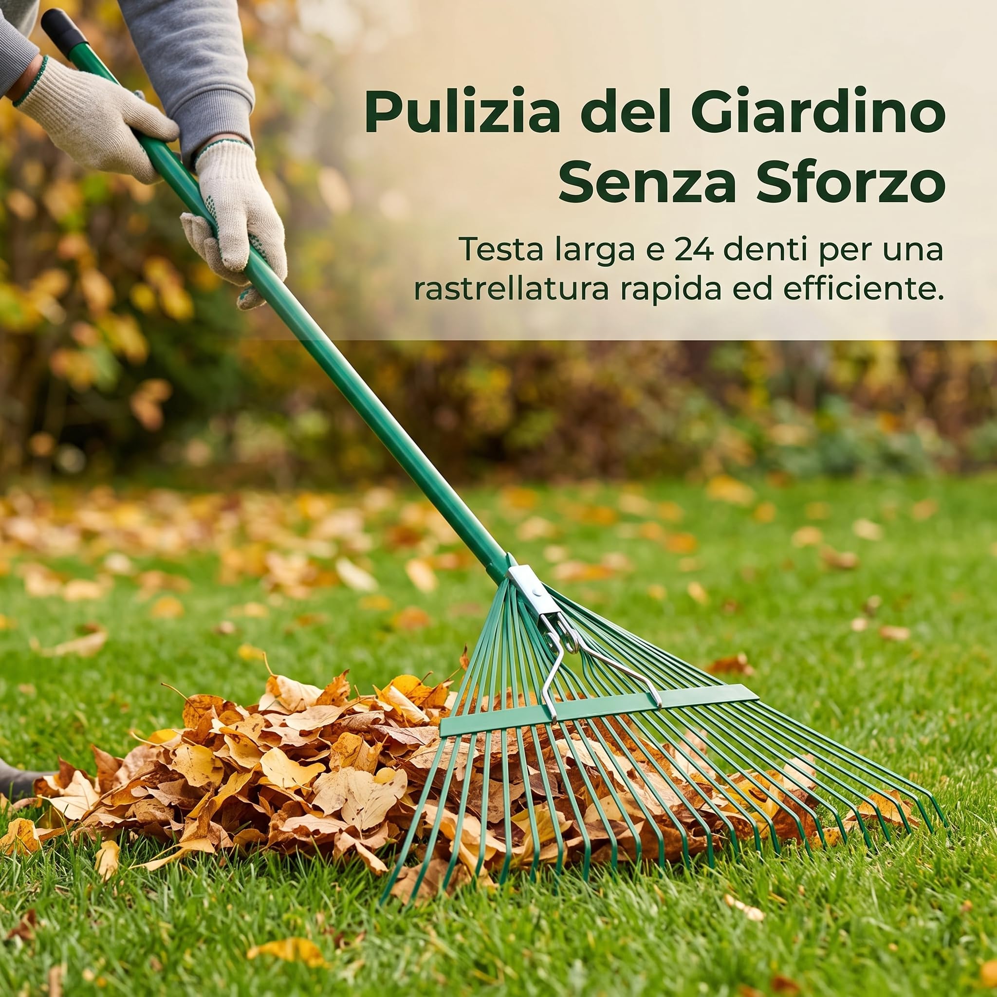 Rastrello Giardino 24 Denti in Metallo con Manico da 1.2m per Foglie e Pulizia Prato