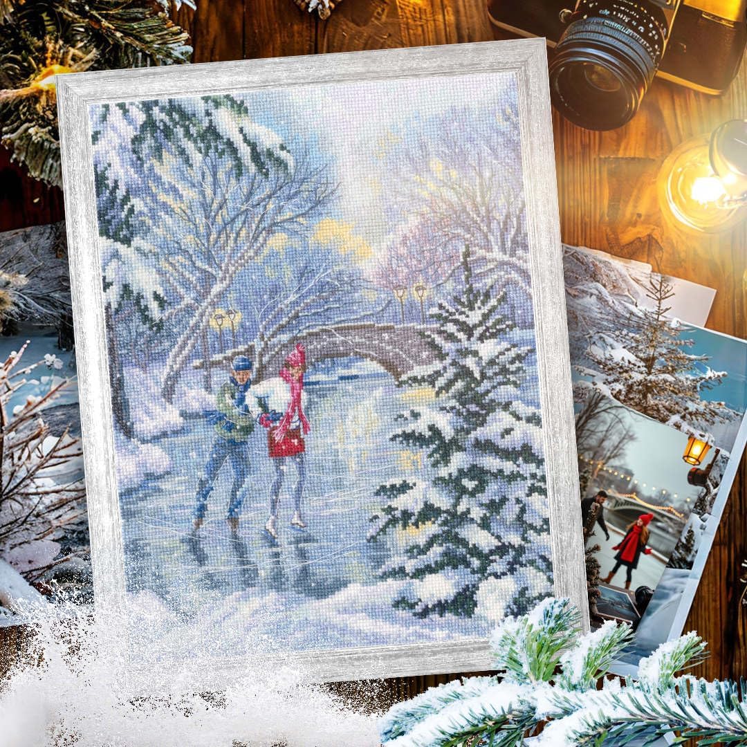 RTO Winter Ice Skating Scene Counted Cross Stitch Kit, DMC Threads, Design on White Zweigart Aida, Advanced Level, M974