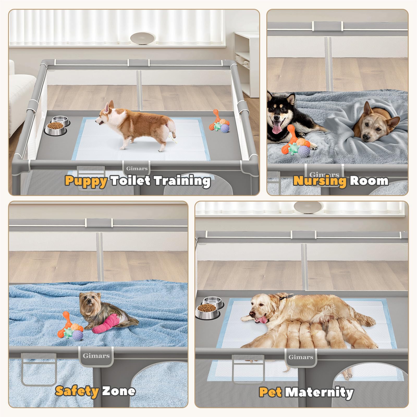 Gimars Grande Parque para Perros, 127 X 127 X 66 cm, con Puerta, Parque Resistente con Tela Gruesa Y Red De Nailon Resistente，para Cachorros O Perros Pequeño,Gris Claro